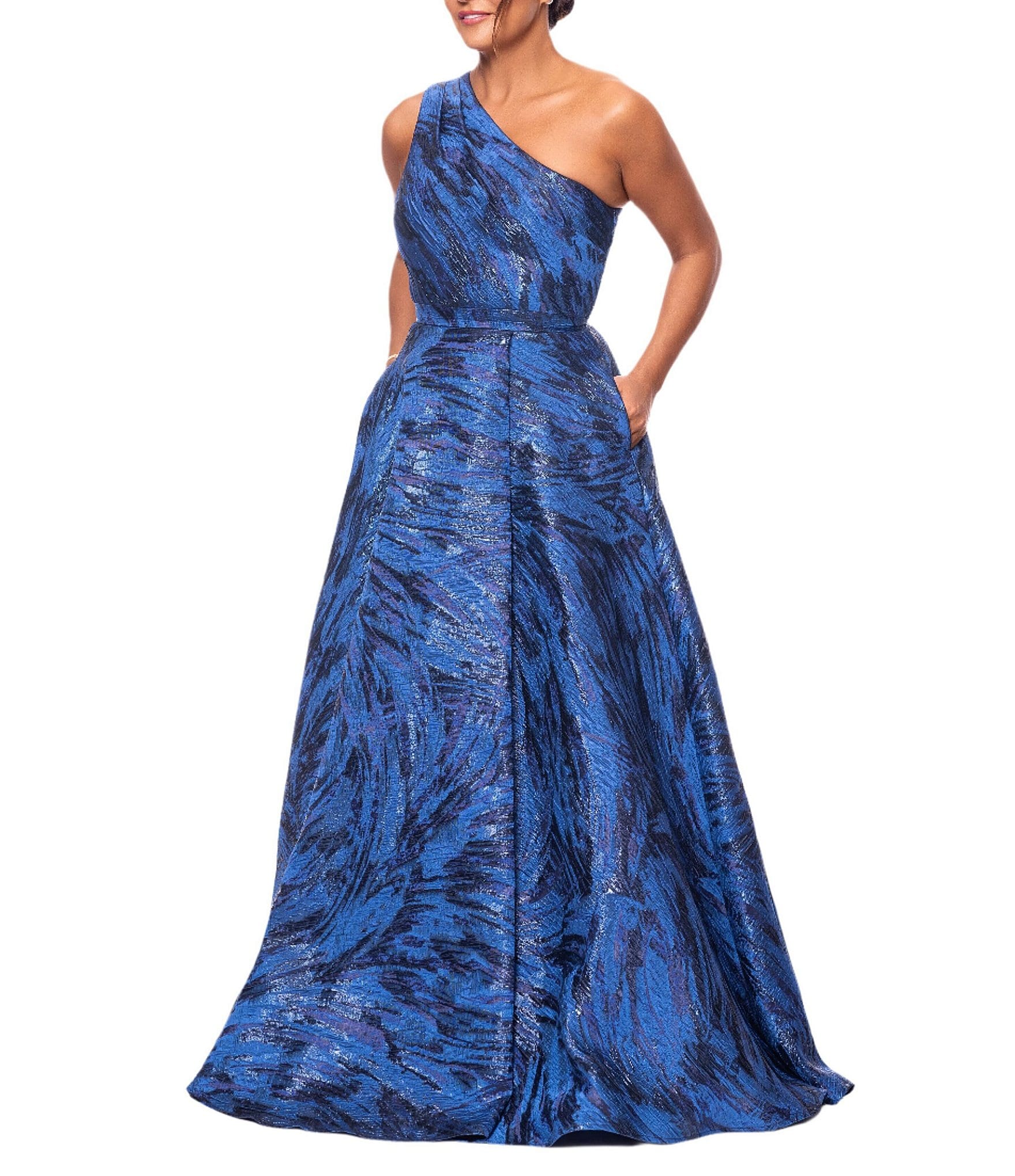 Xscape Brocade One Shoulder Sleeveless Side Pockets Front