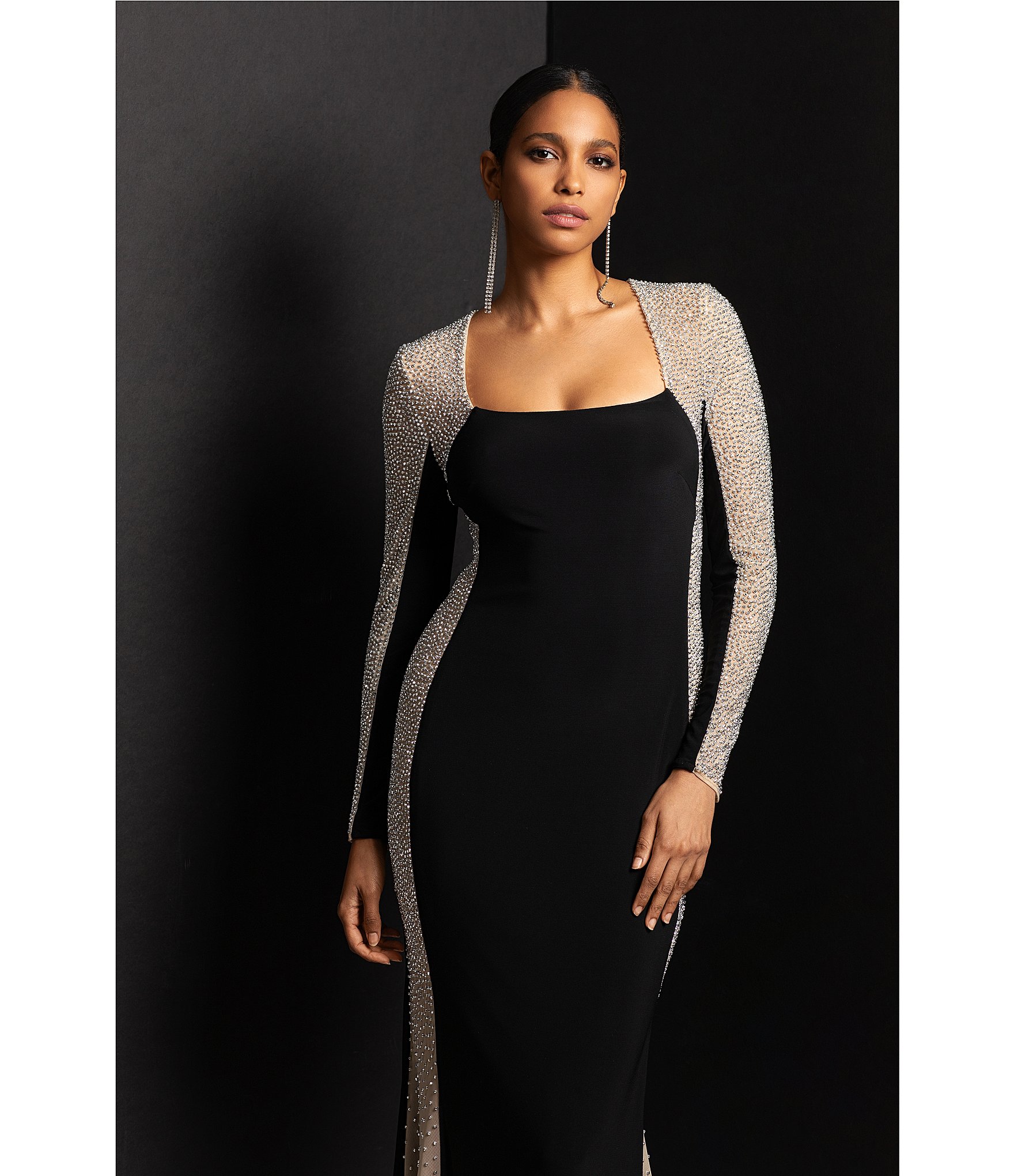 Xscape Caviar Beaded Mesh Panel Long Sleeve Contrast Matte Jersey Square Neck Sheath Gown