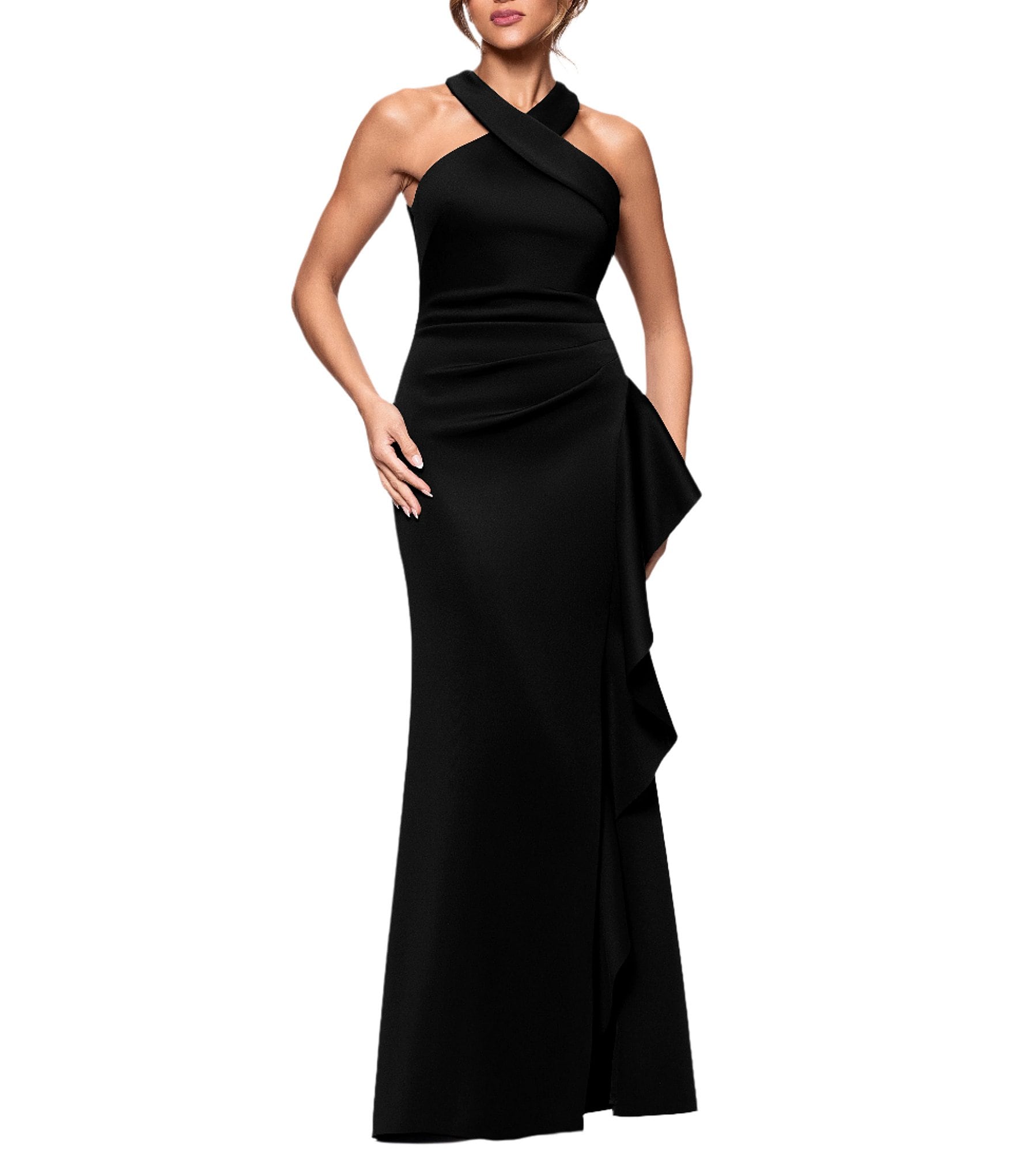 Xscape Halter Neck Scuba Crepe Side Ruffle Sheath Gown
