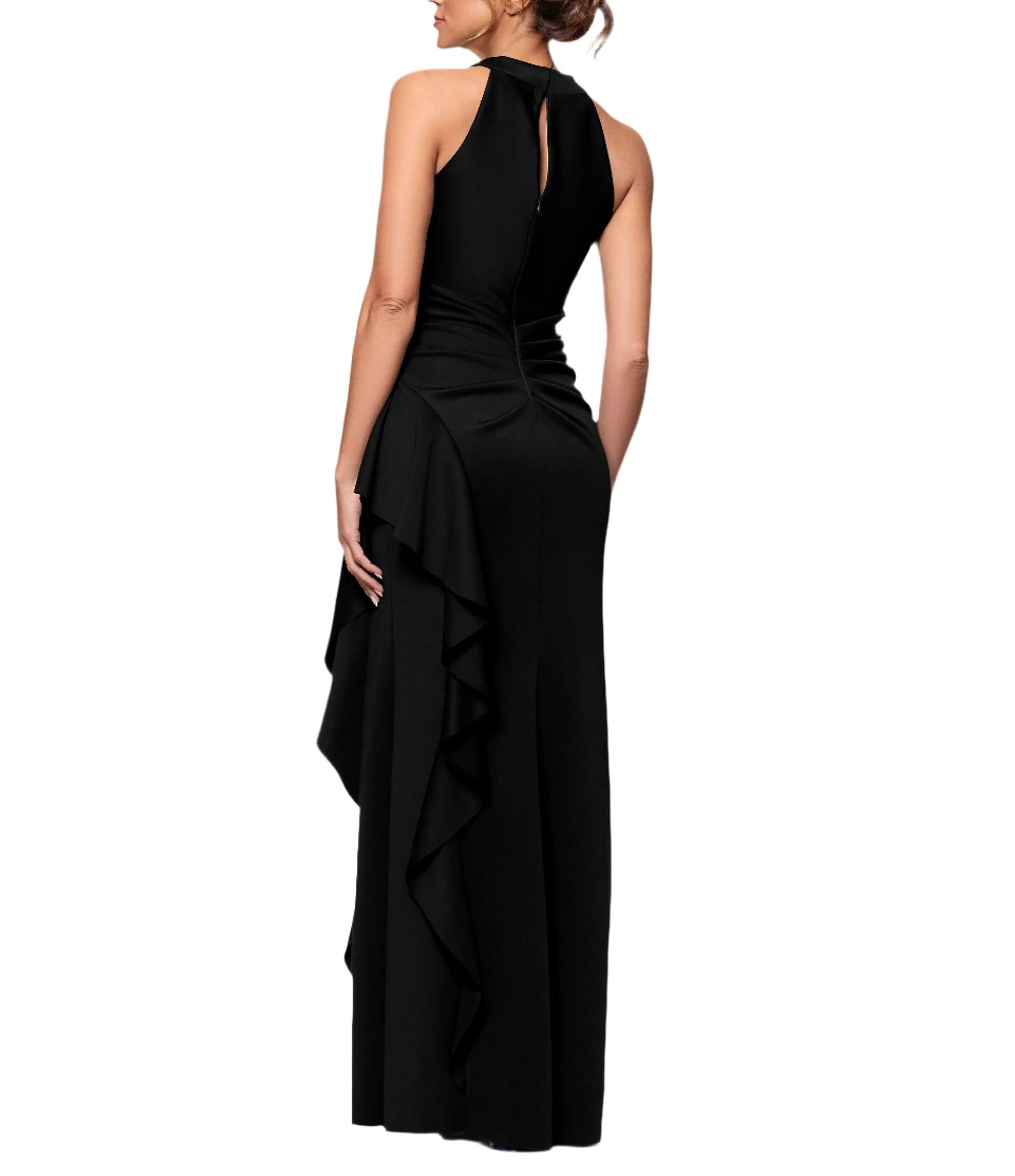 Xscape Halter Neck Scuba Crepe Side Ruffle Sheath Gown