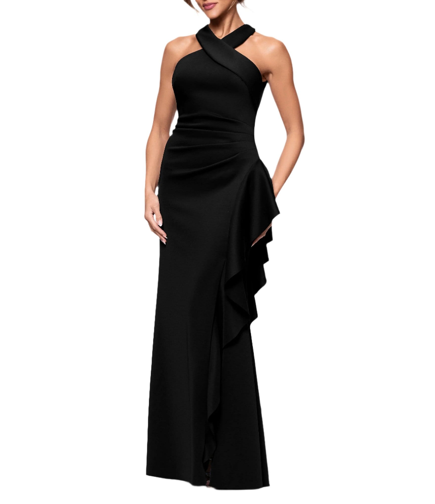 Xscape Halter Neck Scuba Crepe Side Ruffle Sheath Gown
