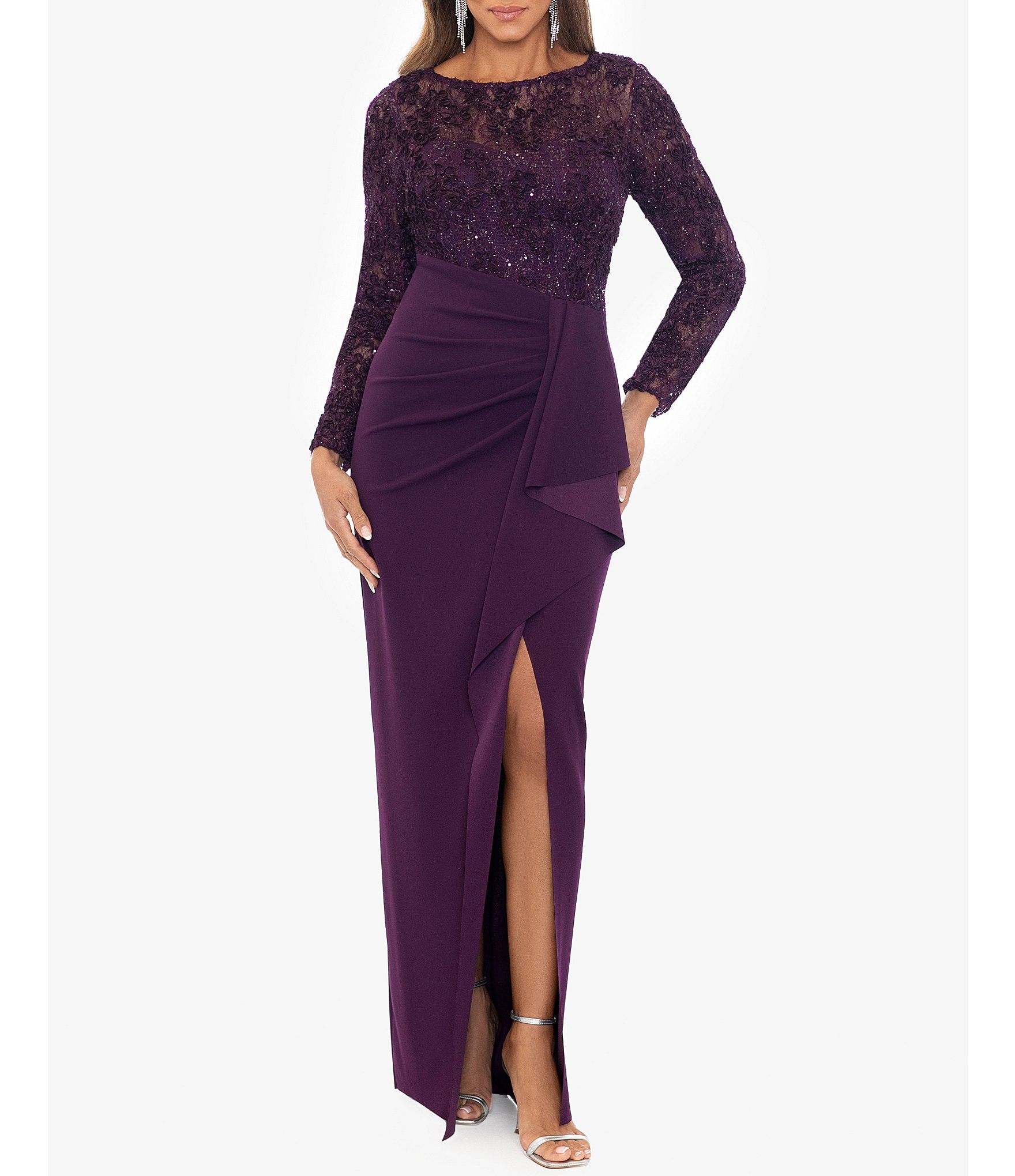 Xscape Stretch V-Neck Long Sleeve Cascading Ruffle Gown