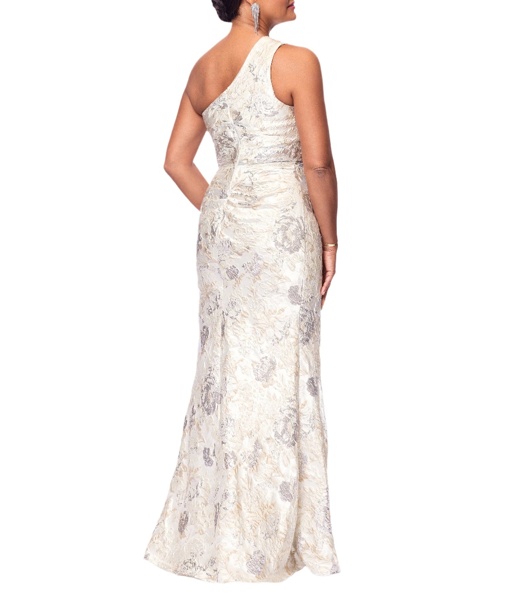 Xscape Jacquard Floral Print One-Shoulder Neck Sleeveless Ruffle Mermaid Gown