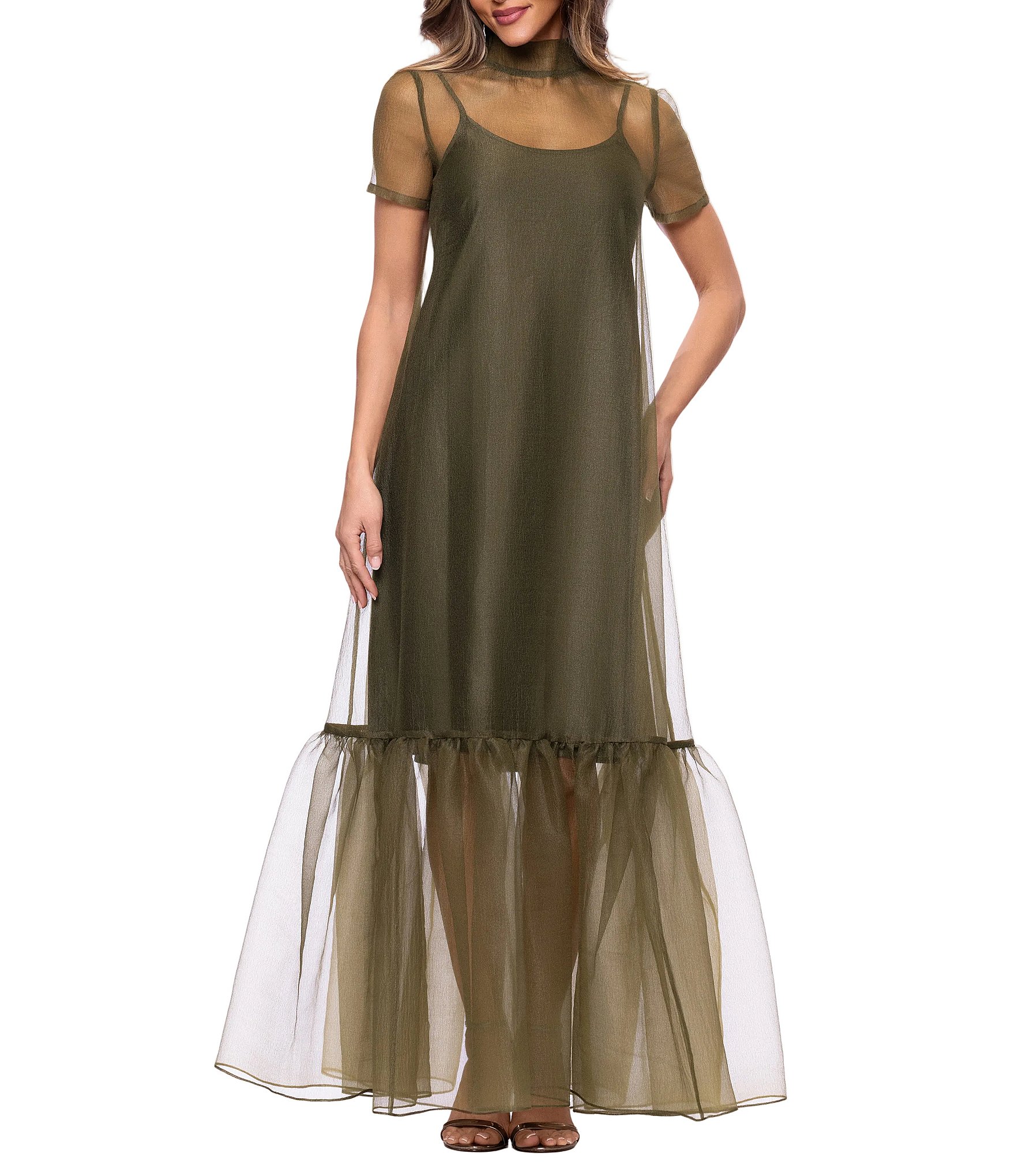 Xscape Mock Neck Organza Maxi Dress
