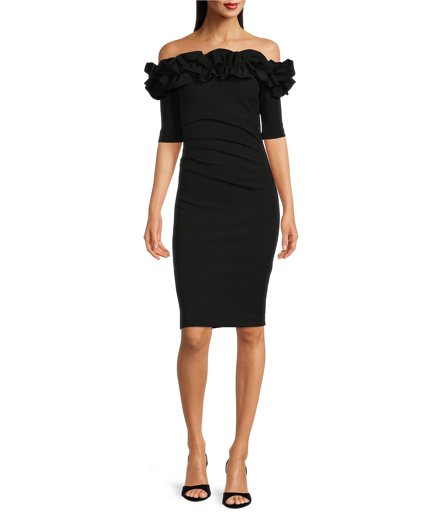 Xscape Off-the-Shoulder Ruffle Neck Short Sleeve Stretch Scuba Crepe Dress