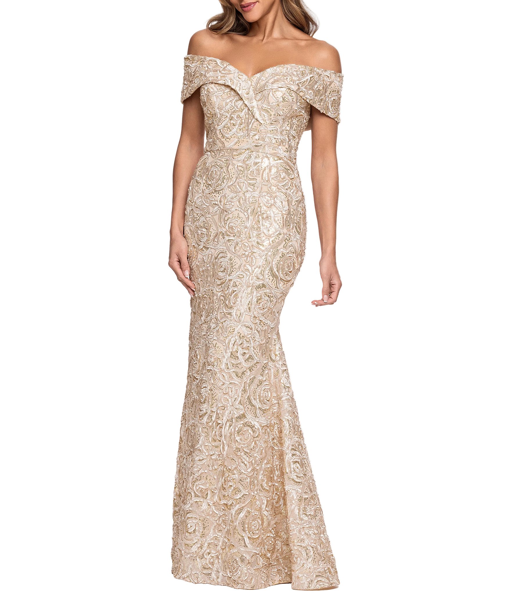 Xscape Off-the-Shoulder Soutache Long Gown