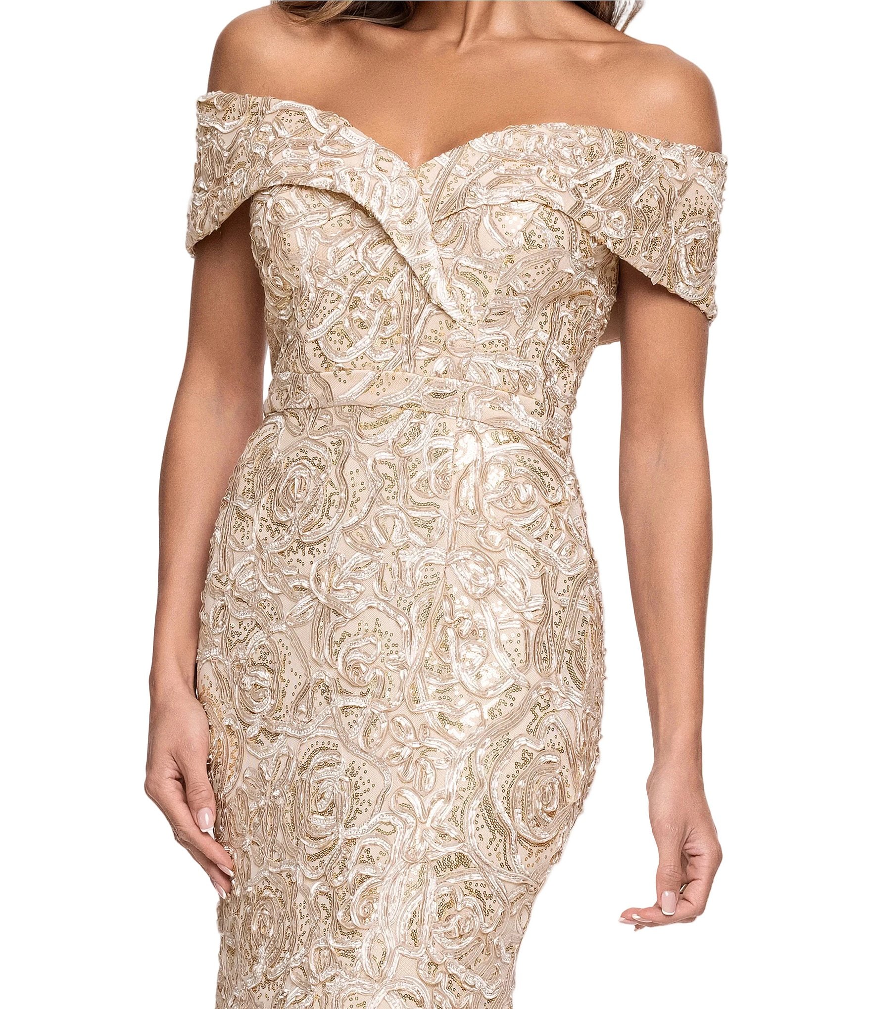 Xscape Off-the-Shoulder Soutache Long Gown