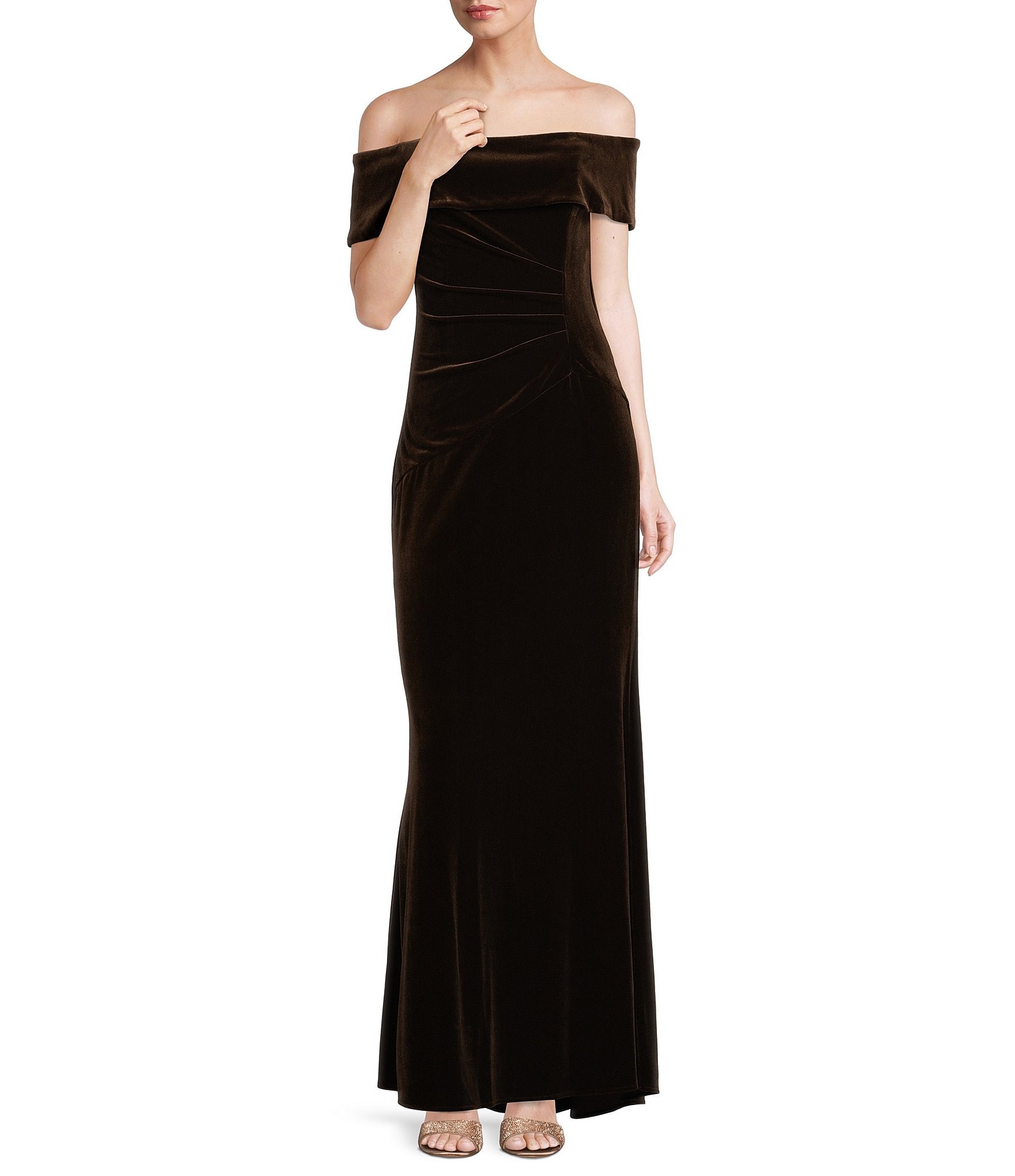 Xscape Off-the-Shoulder Stretch Velvet Side Ruched Gown | Dillard's