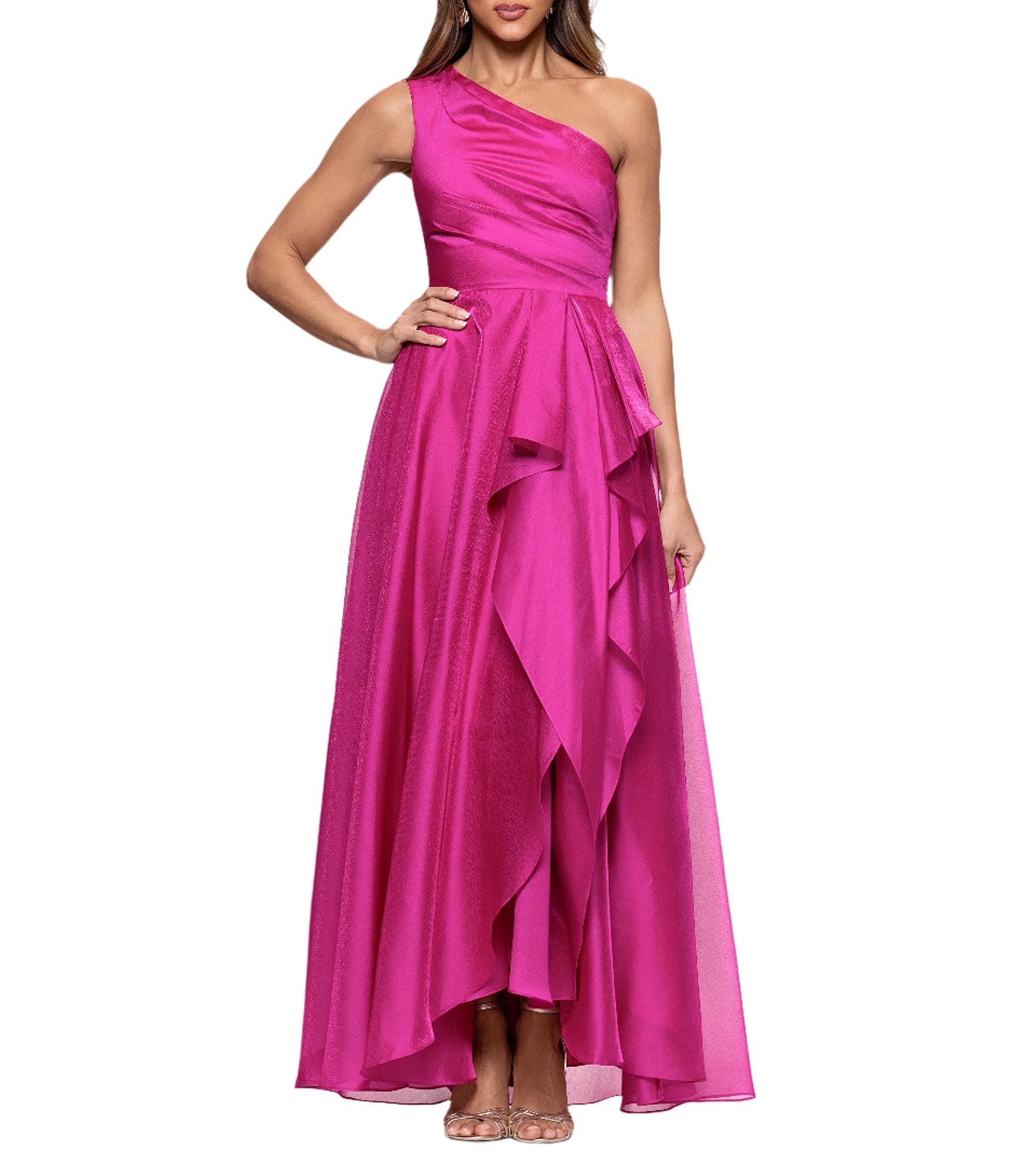 Xscape One Shoulder Cascading Side Ruffle Organza A-Line