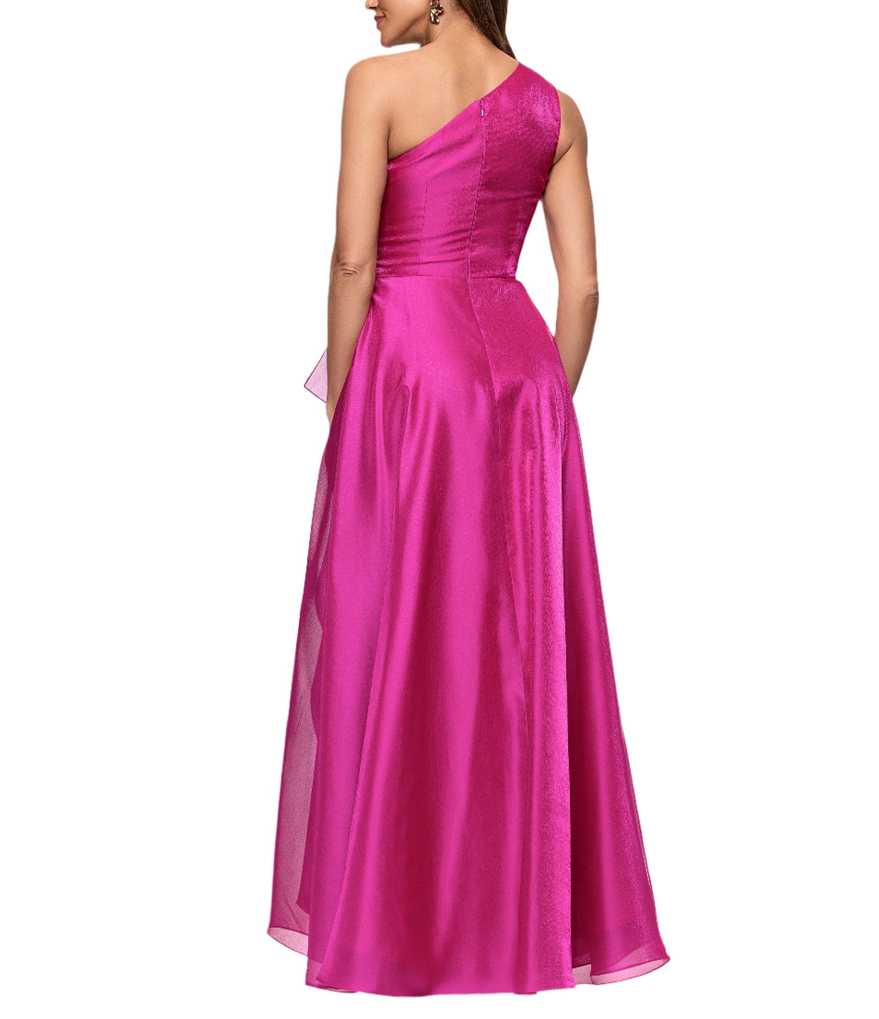 Xscape One Shoulder Cascading Side Ruffle Organza A-Line Dress