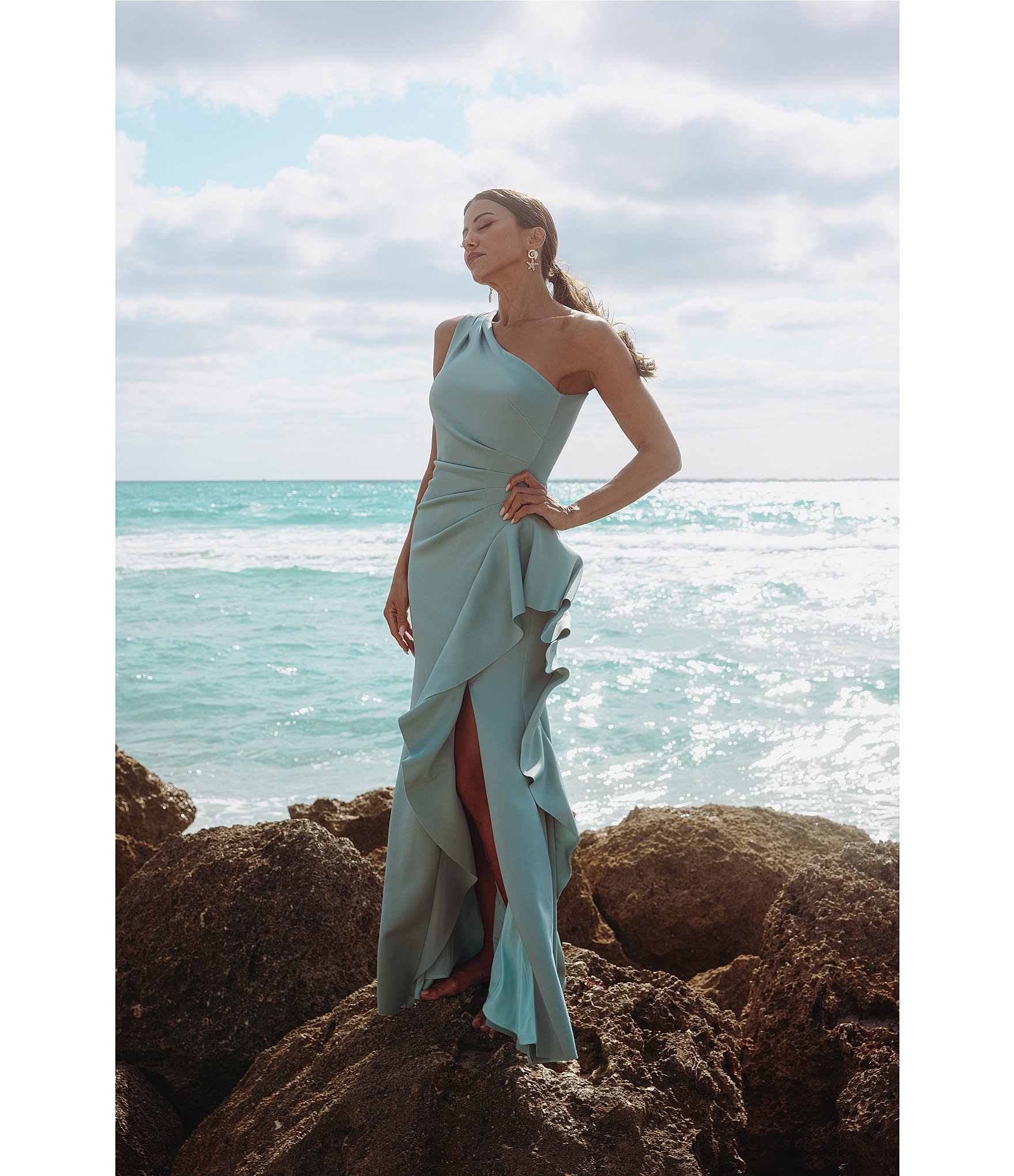 Xscape One Shoulder Side Ruffle Scuba Crepe Gown