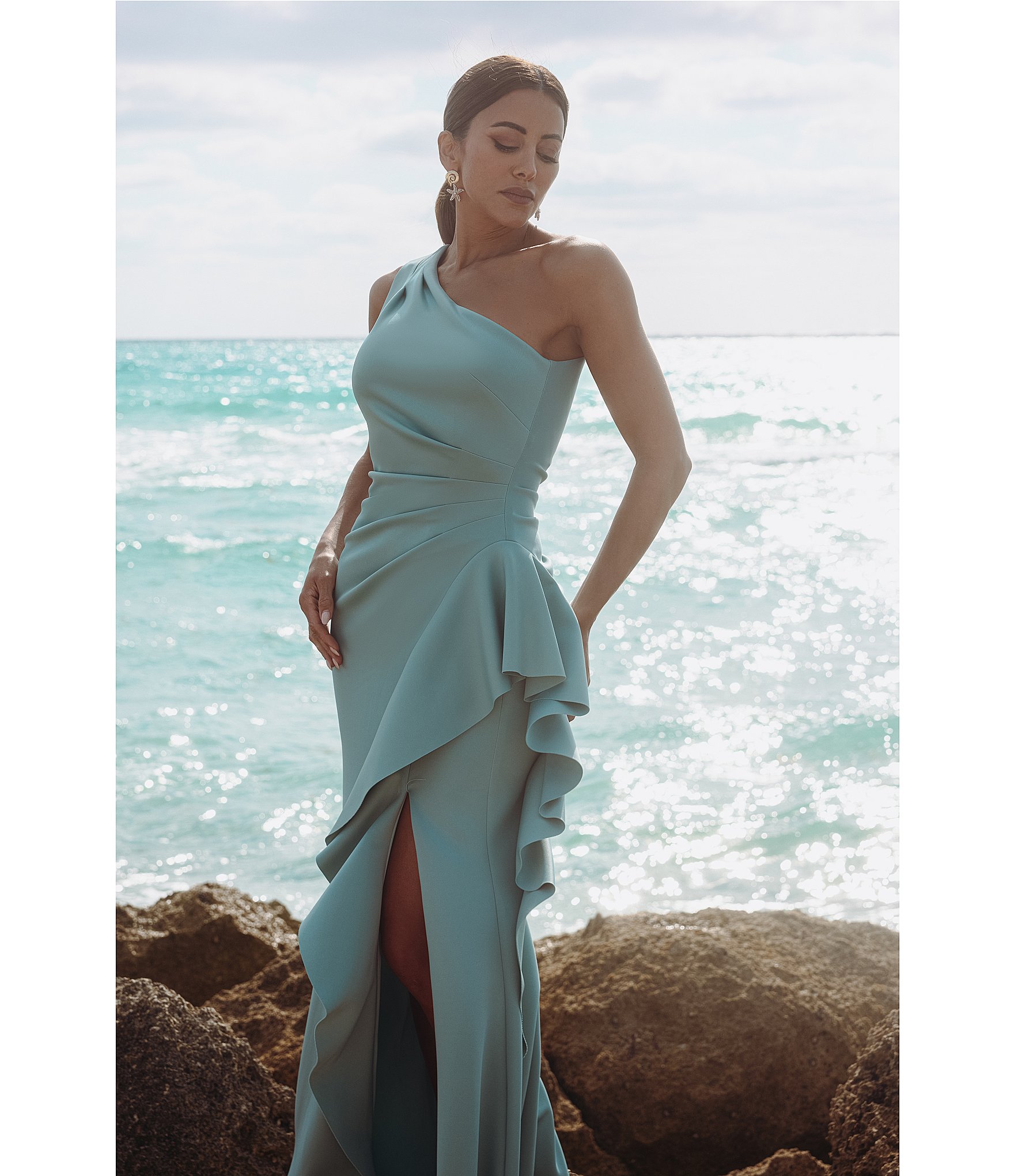Xscape One Shoulder Side Ruffle Scuba Crepe Gown