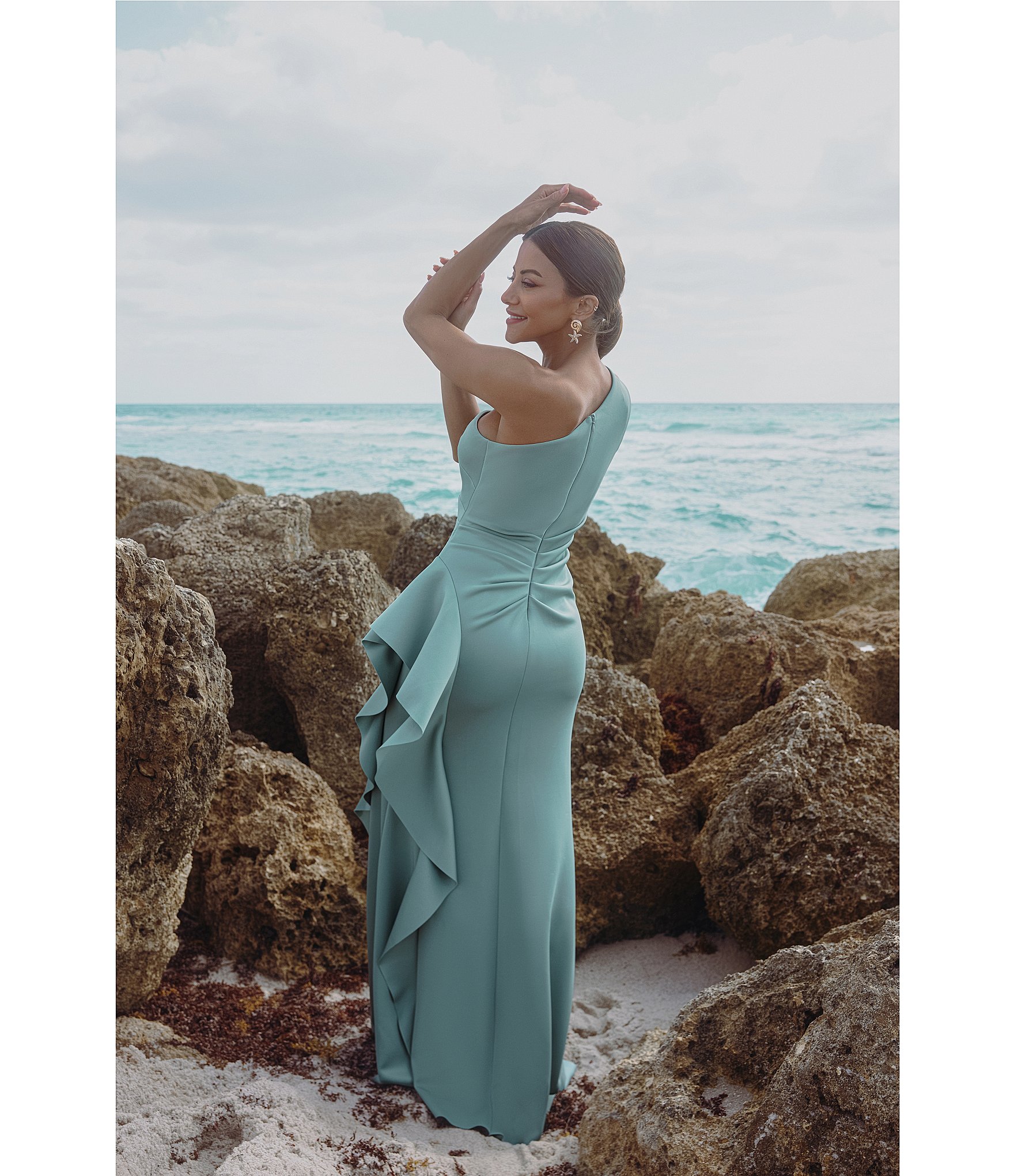 Xscape One Shoulder Side Ruffle Scuba Crepe Gown