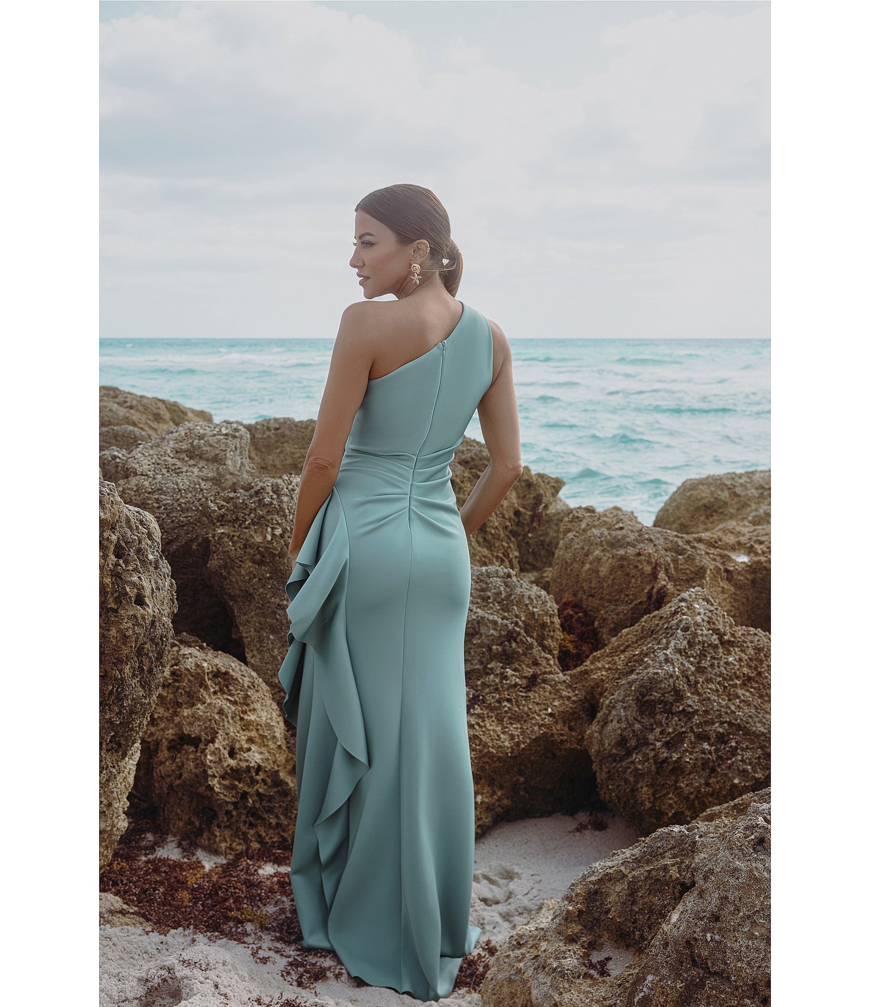 Xscape One Shoulder Side Ruffle Scuba Crepe Gown