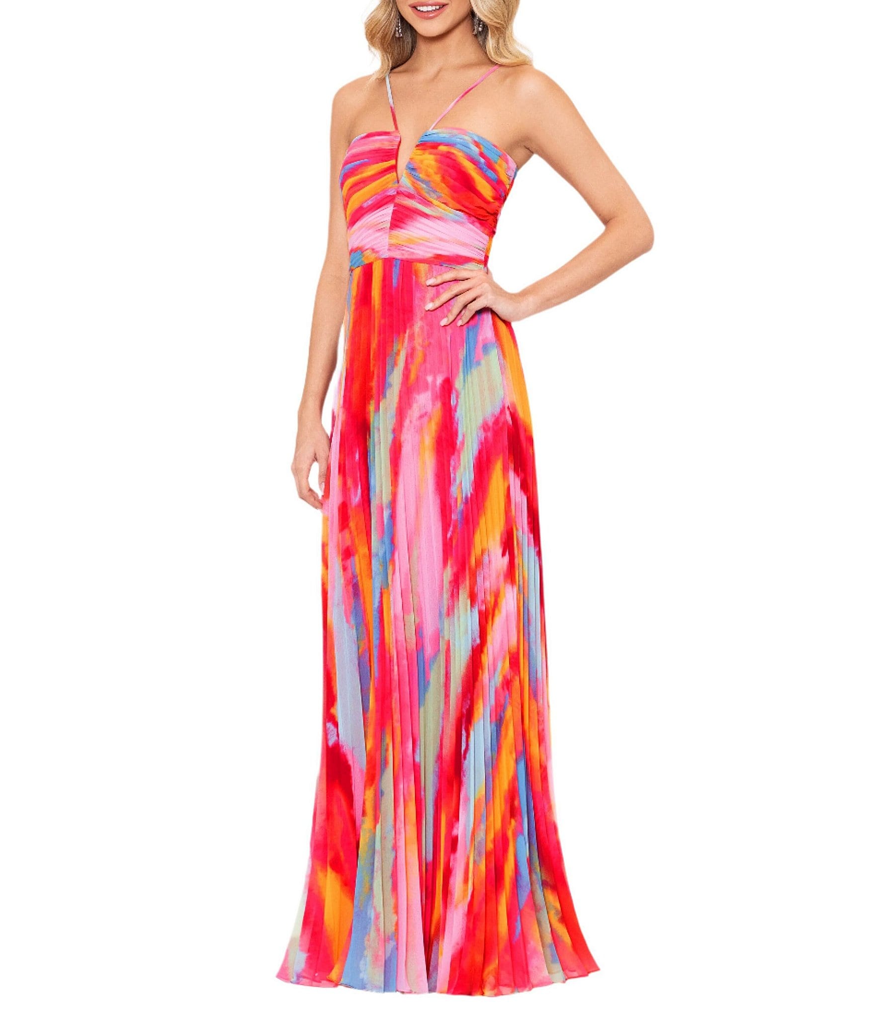 Xscape Petite Size Abstract Print Pleated Chiffon Halter