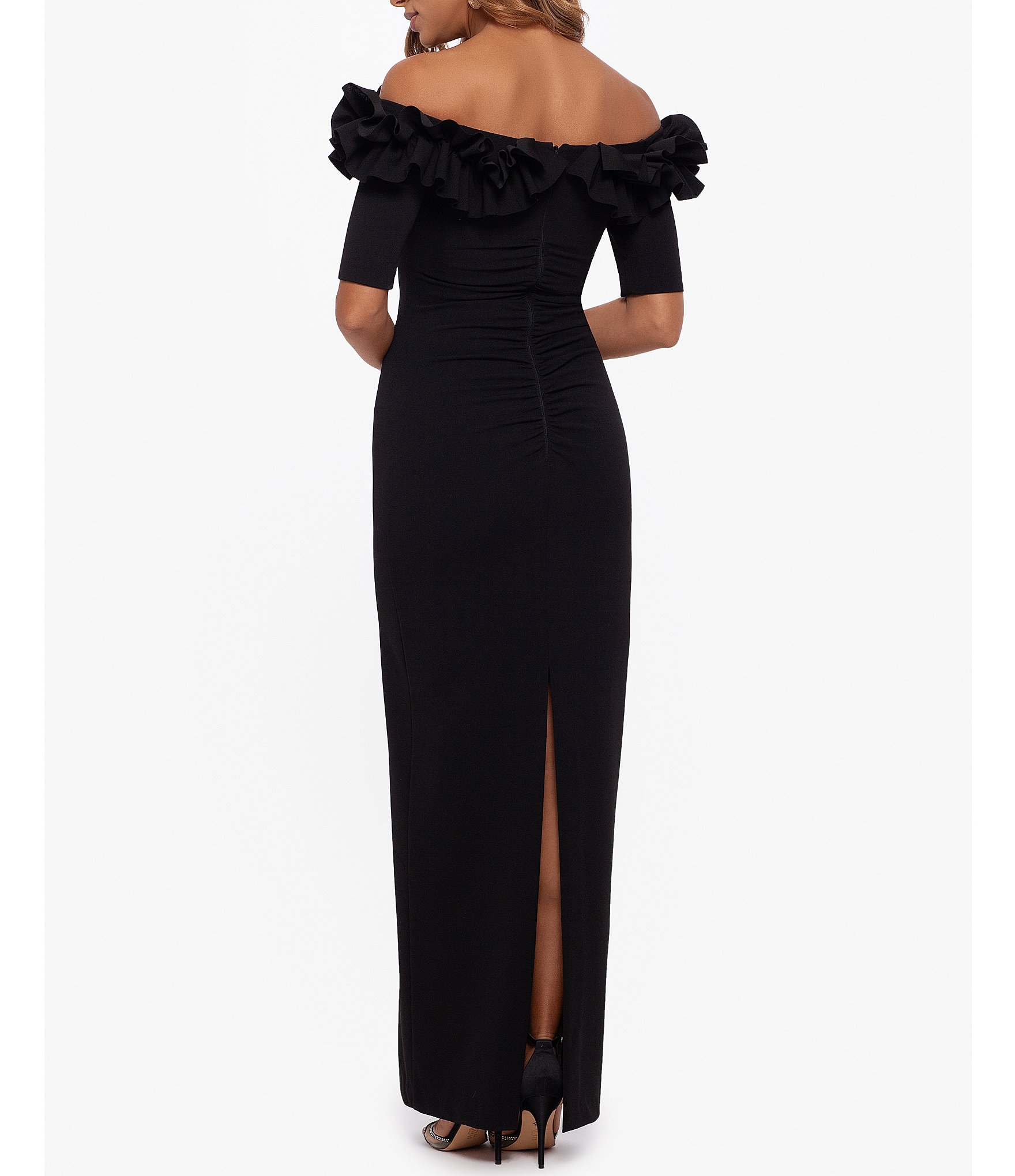 Xscape Petite Size Ruffled Off-the-Shoulder Short Sleeve Crepe Sheath Gown