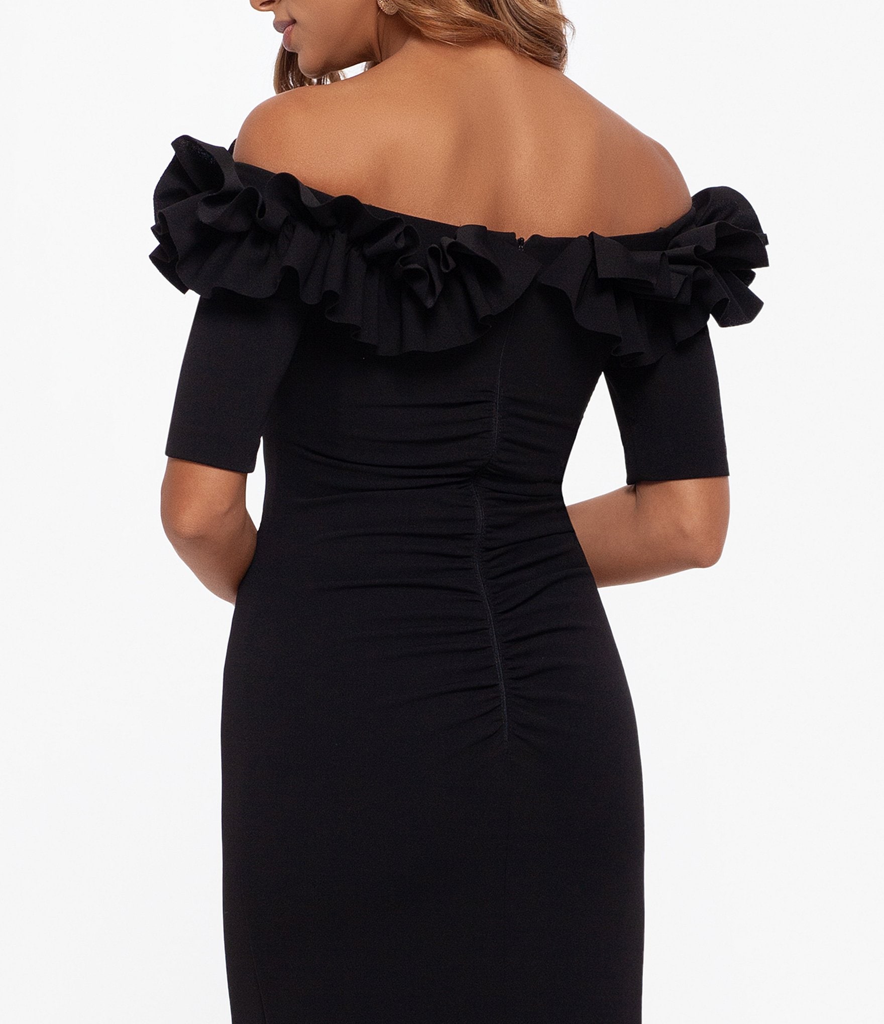 Xscape Petite Size Ruffled Off-the-Shoulder Short Sleeve Crepe Sheath Gown