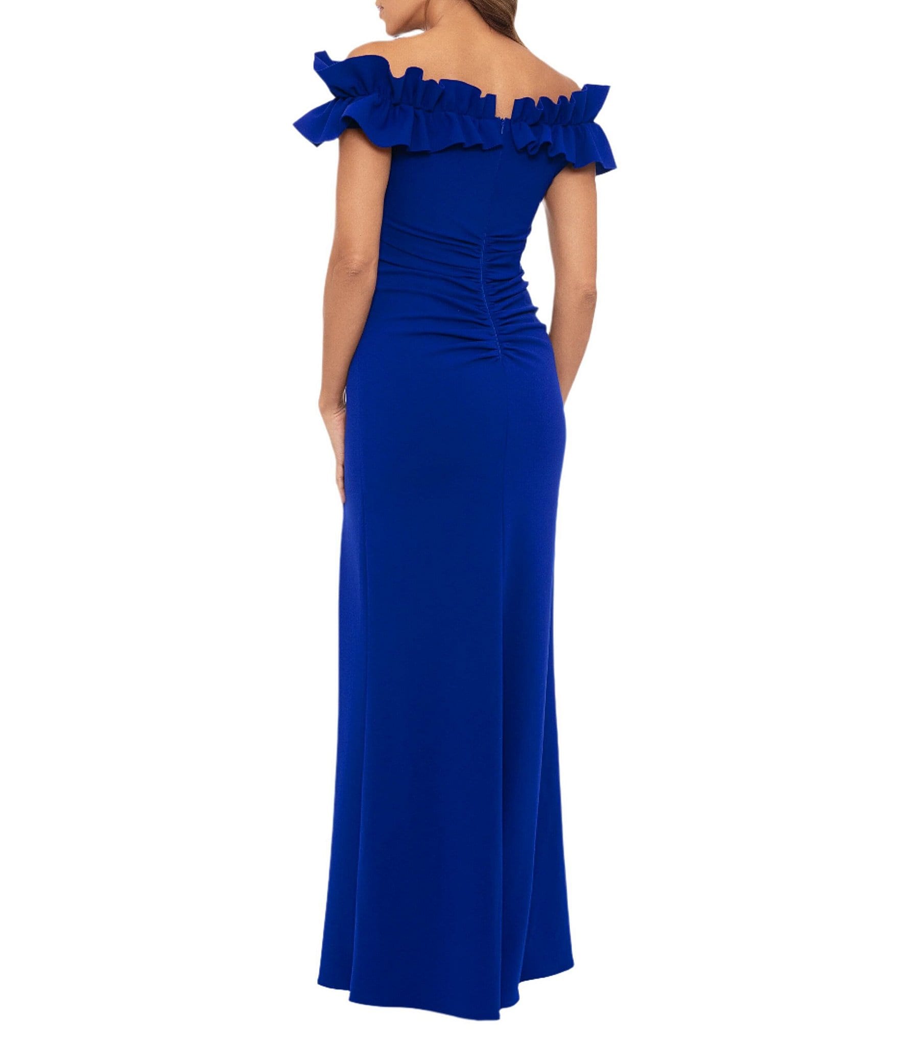 Xscape Petite Size Sleeveless Off-The-Shoulder Sweetheart Neck Ruffled Scuba Crepe Gown