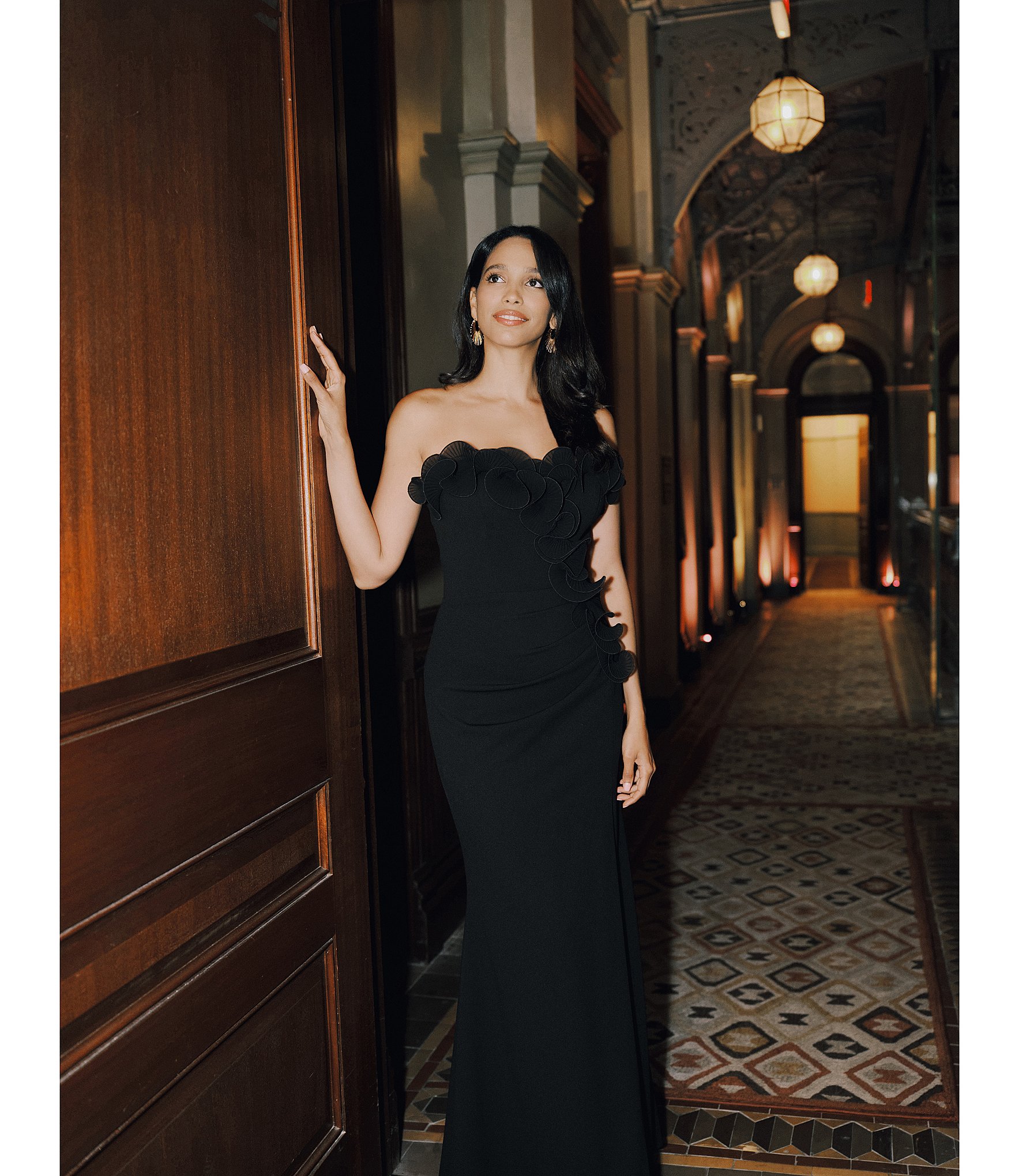 Xscape Petite Size Strapless Sweetheart Neck Ruffle Hem Long Dress