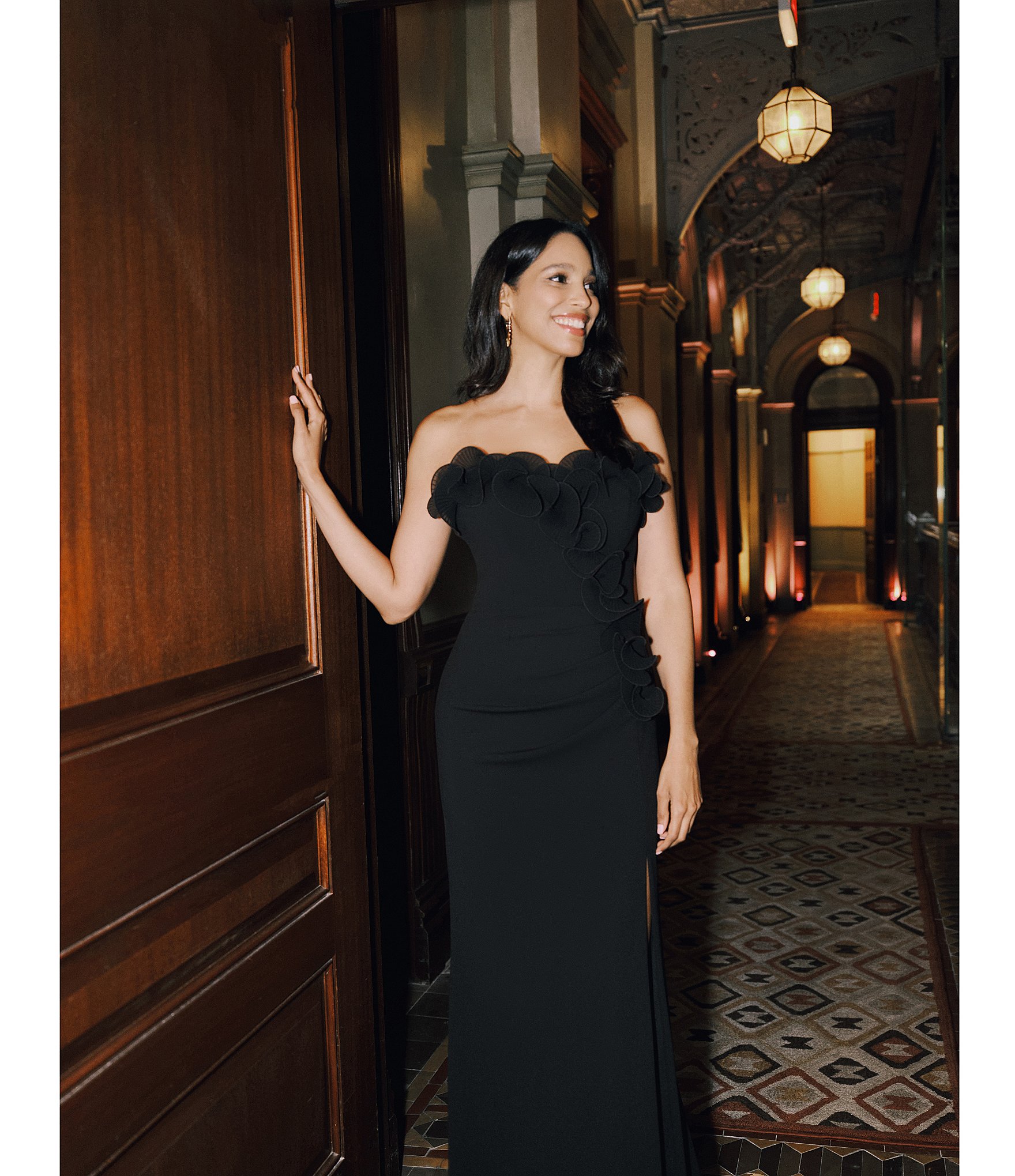 Xscape Petite Size Strapless Sweetheart Neck Ruffle Hem Long Dress