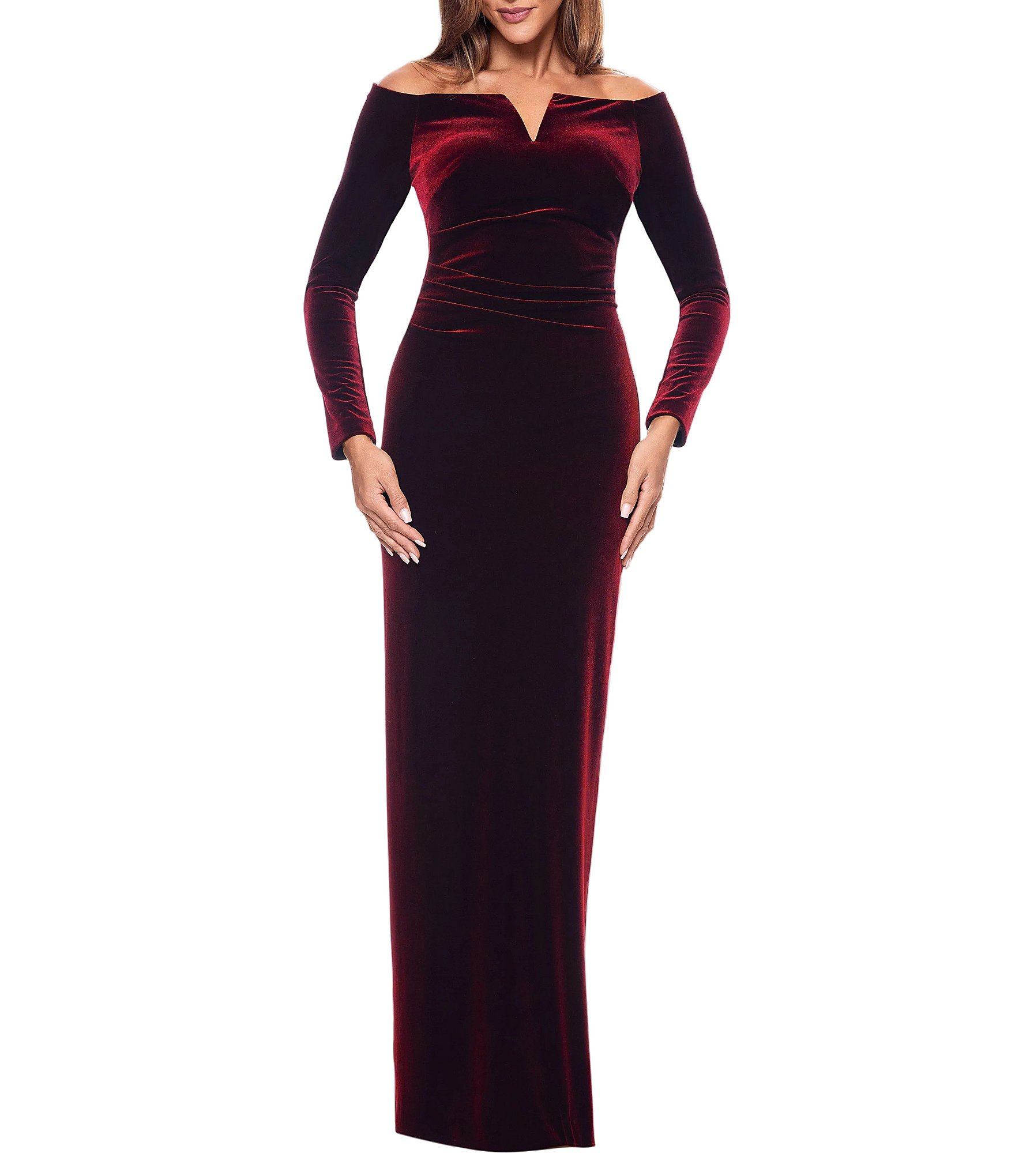 Xscape Petite Size Velvet Strapless Long Sleeves Ruched Gown