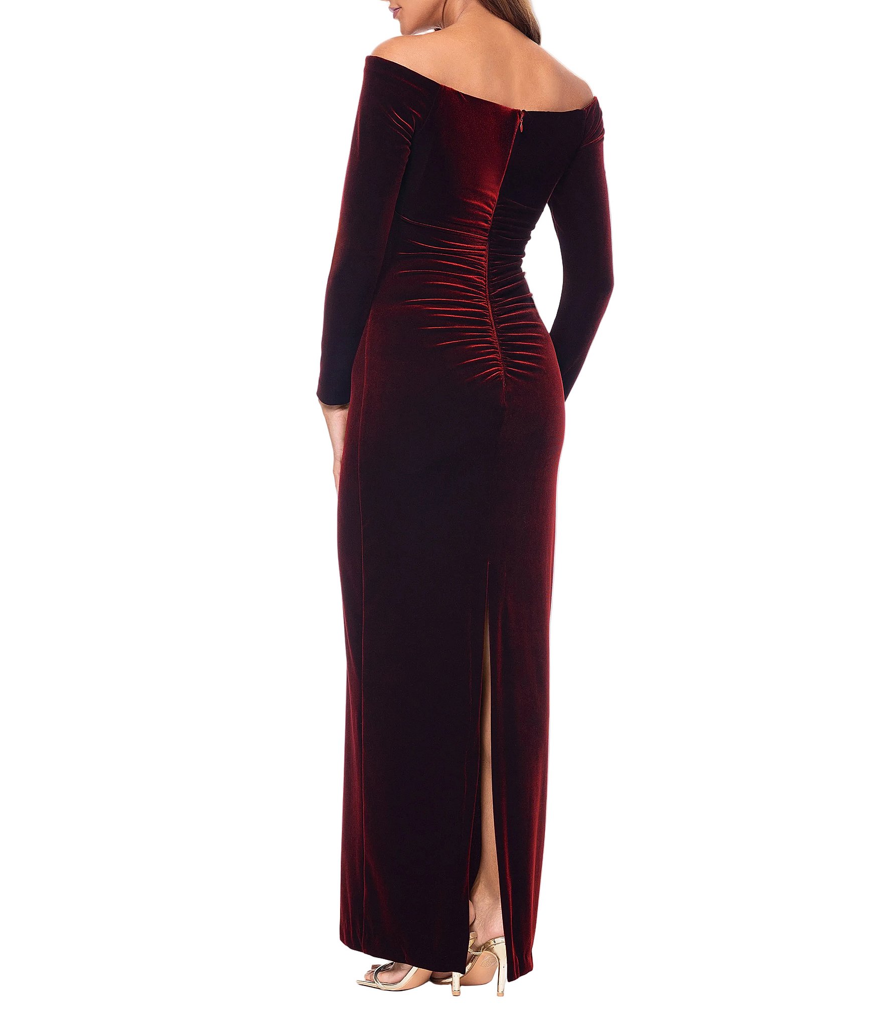Xscape Petite Size Velvet Strapless Long Sleeves Ruched Gown
