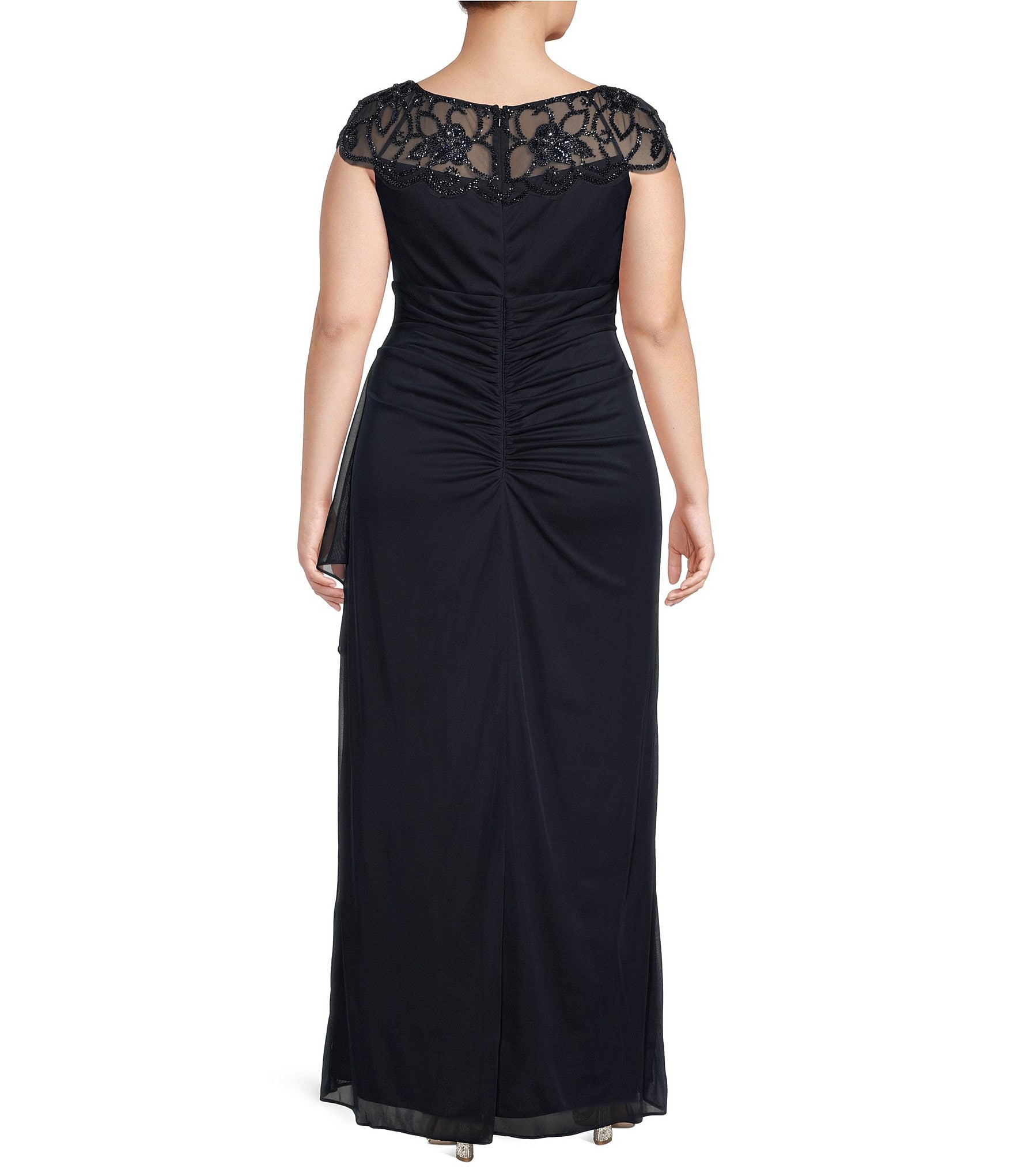 Xscape Plus Size Beaded Cap Sleeve Illusion Crew Neck Ruched Gown