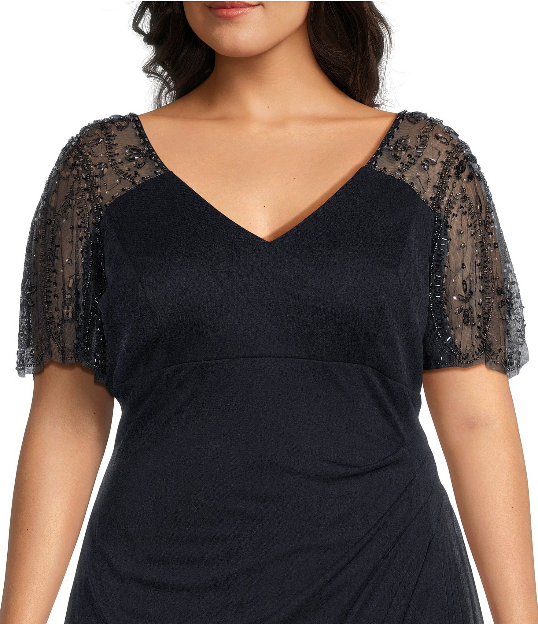 Xscape Plus Size Beaded Short Flutter Sleeve V-Neck Jersey Gown
