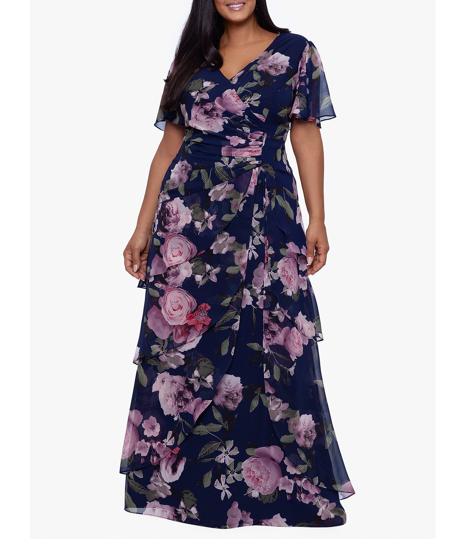 Xscape Plus Size Floral Print Short Sleeve Surplice V Neck Ruched Chiffon Tiered Gown Dillard S