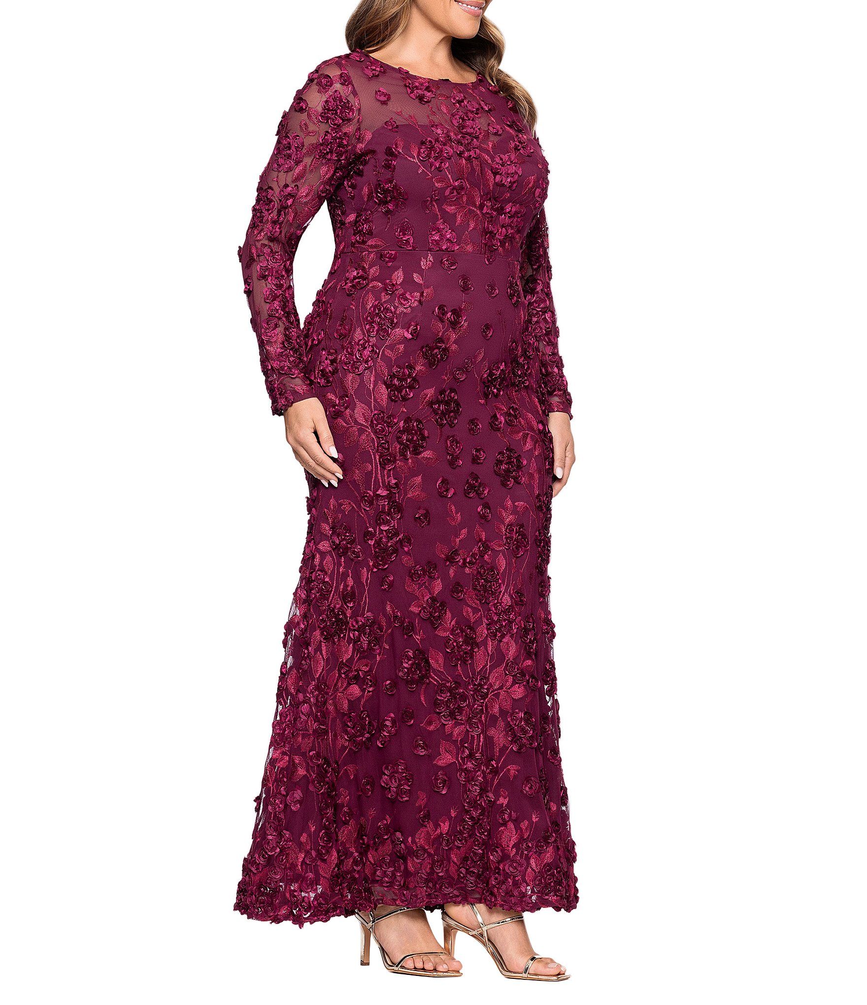 Xscape Plus Size Illusion 3D Mesh Flower Pattern Crew Neck Long Sleeves A-Line Gown
