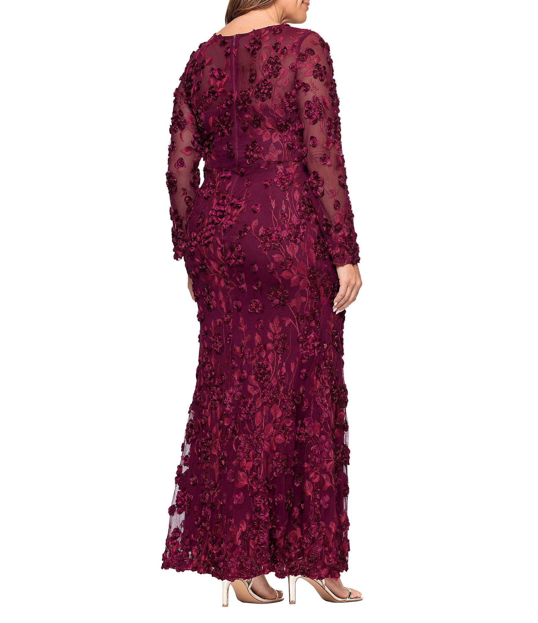 Xscape Plus Size Illusion 3D Mesh Flower Pattern Crew Neck Long Sleeves A-Line Gown