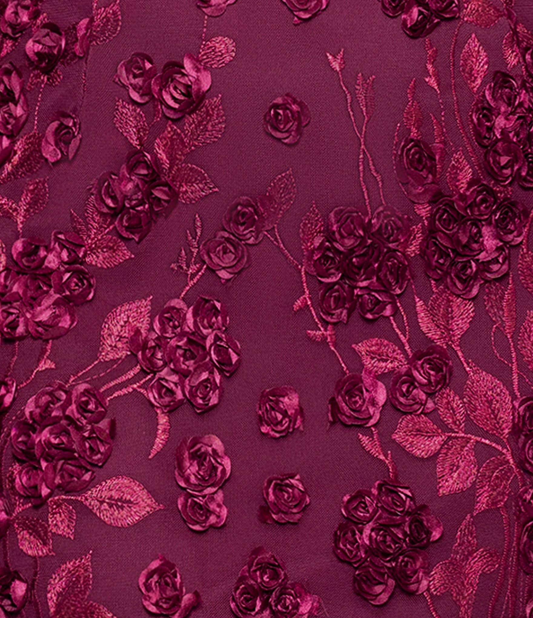 Xscape Plus Size Illusion 3D Mesh Flower Pattern Crew Neck Long Sleeves A-Line Gown