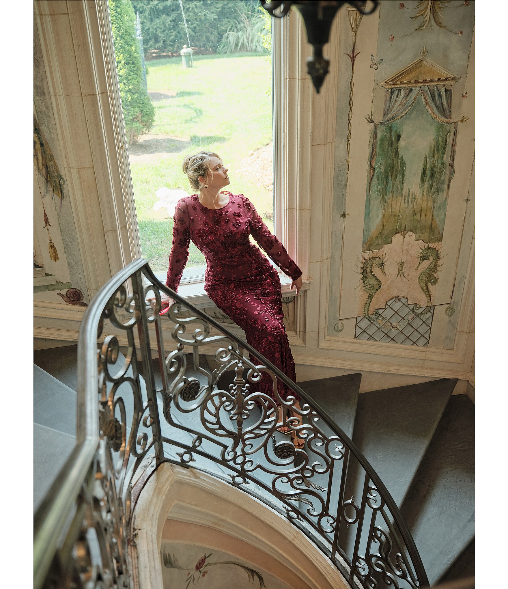 Xscape Plus Size Illusion 3D Mesh Flower Pattern Crew Neck Long Sleeves A-Line Gown