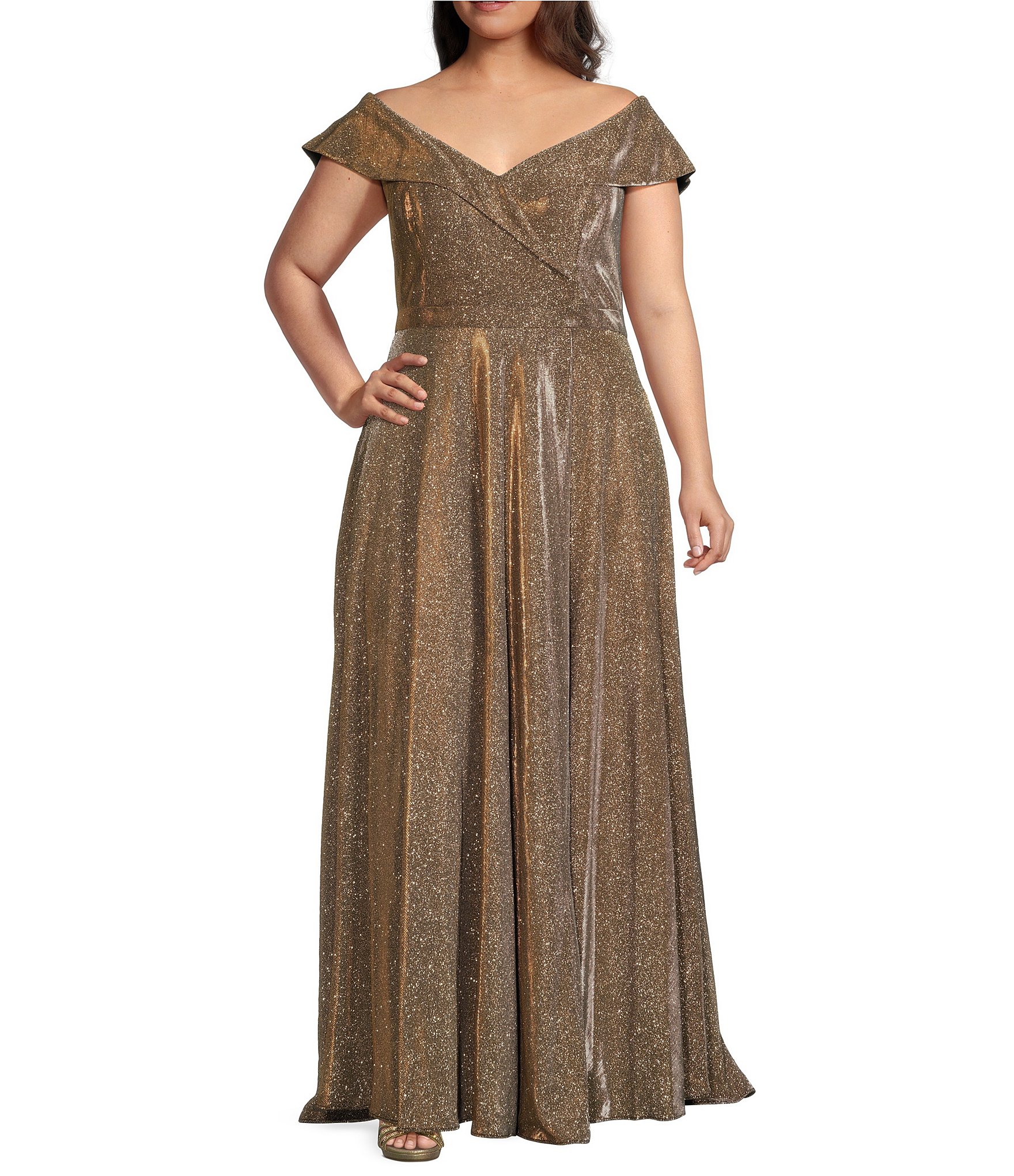 Xscape Plus Size Metallic Glitter Sleeveless Off-the-Shoulder Sweetheart Neck Ball Gown