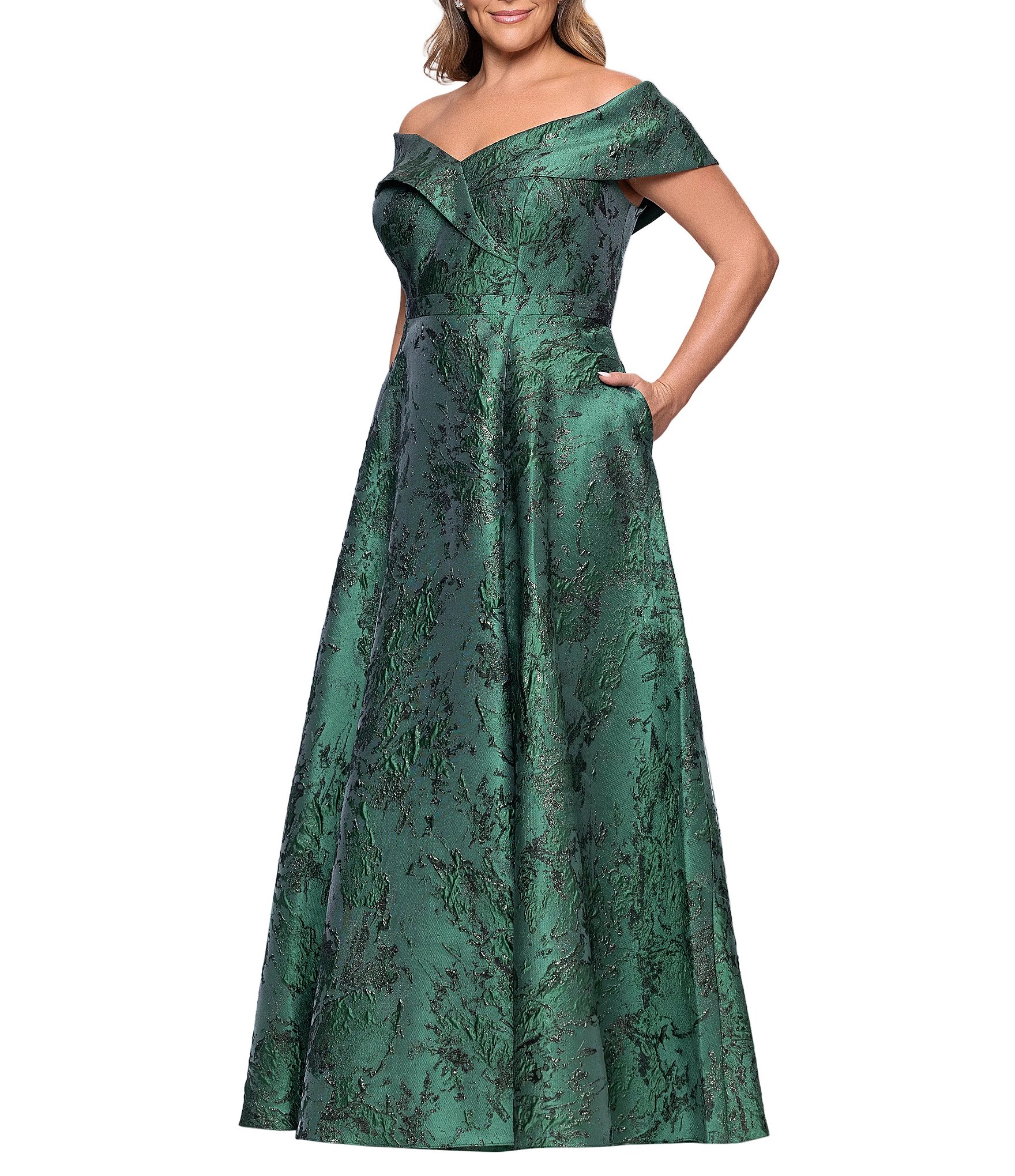 Xscape Plus Size Off The Shoulder Brocade Long Gown