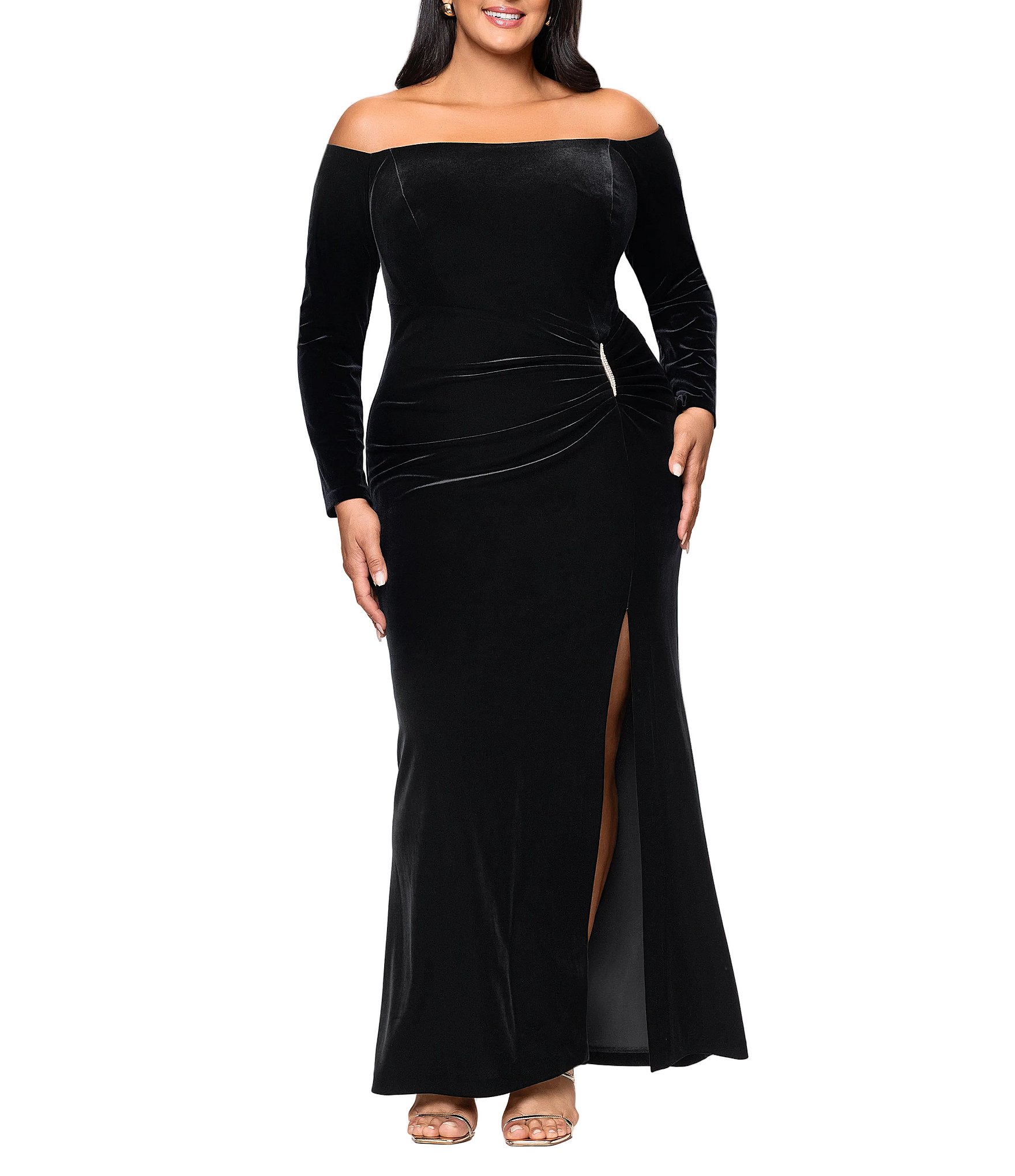Xscape Plus Size Off The Shoulder Long Sleeve Side Slit Velvet Sheath Dres