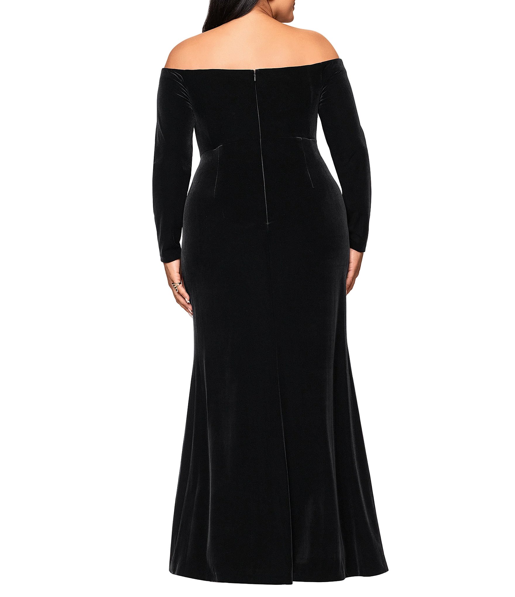 Xscape Plus Size Off The Shoulder Long Sleeve Side Slit Velvet Sheath Dres