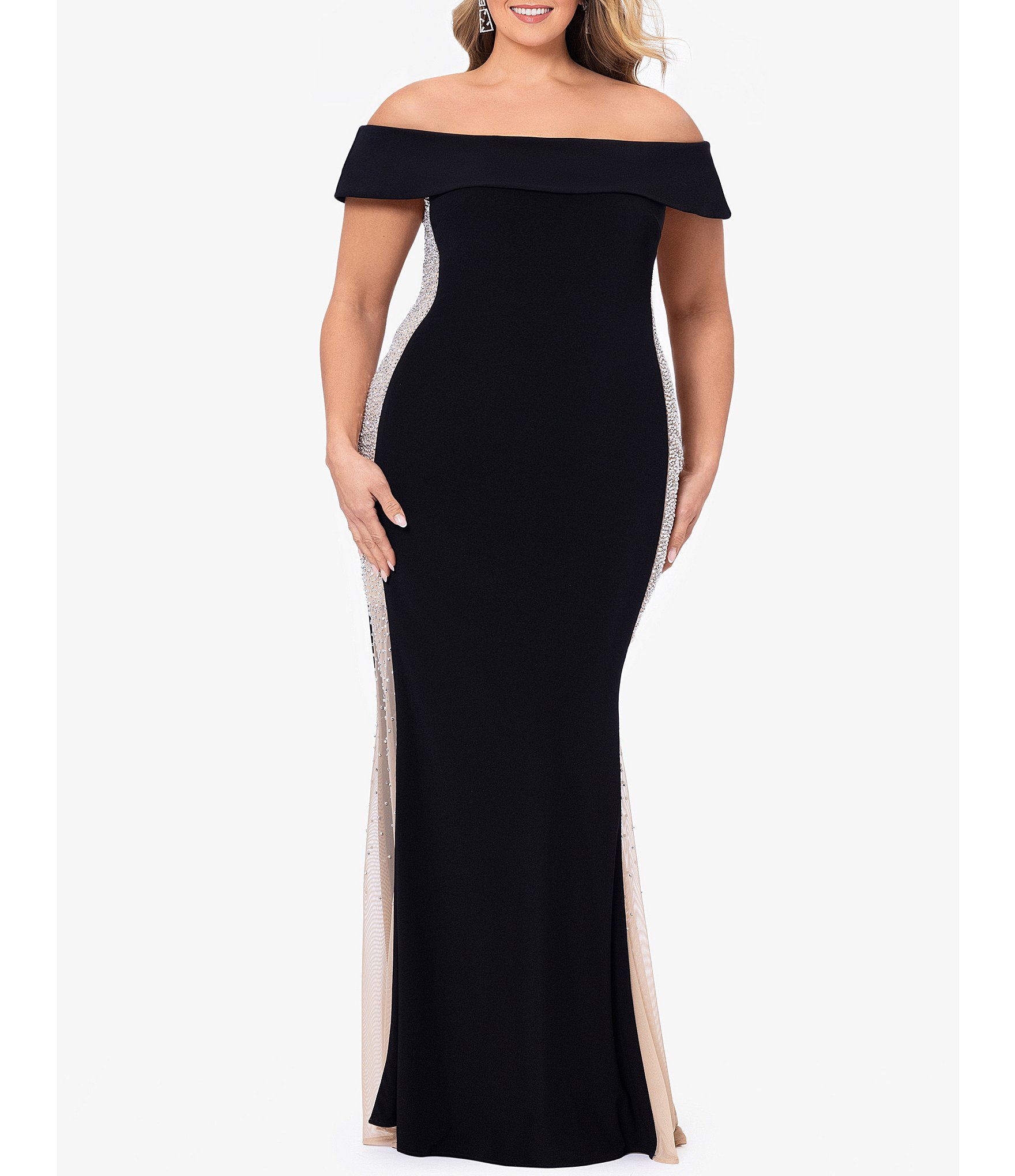 Xscape Plus Size Off the Shoulder Neck Sleeveless Embellished Gown