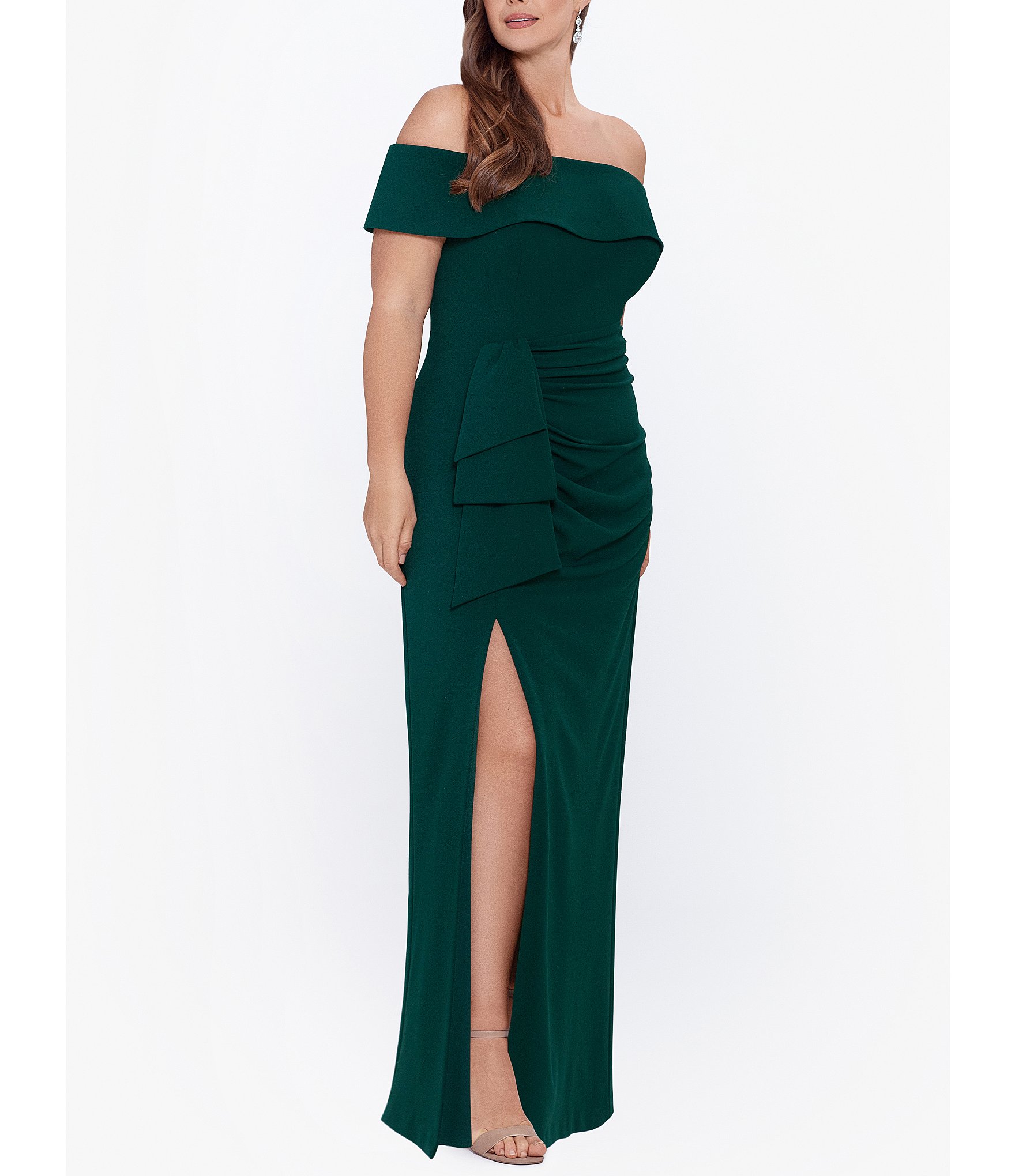 Xscape Off-the-Shoulder Ruched Ruched Waist Scuba Crepe Thigh High