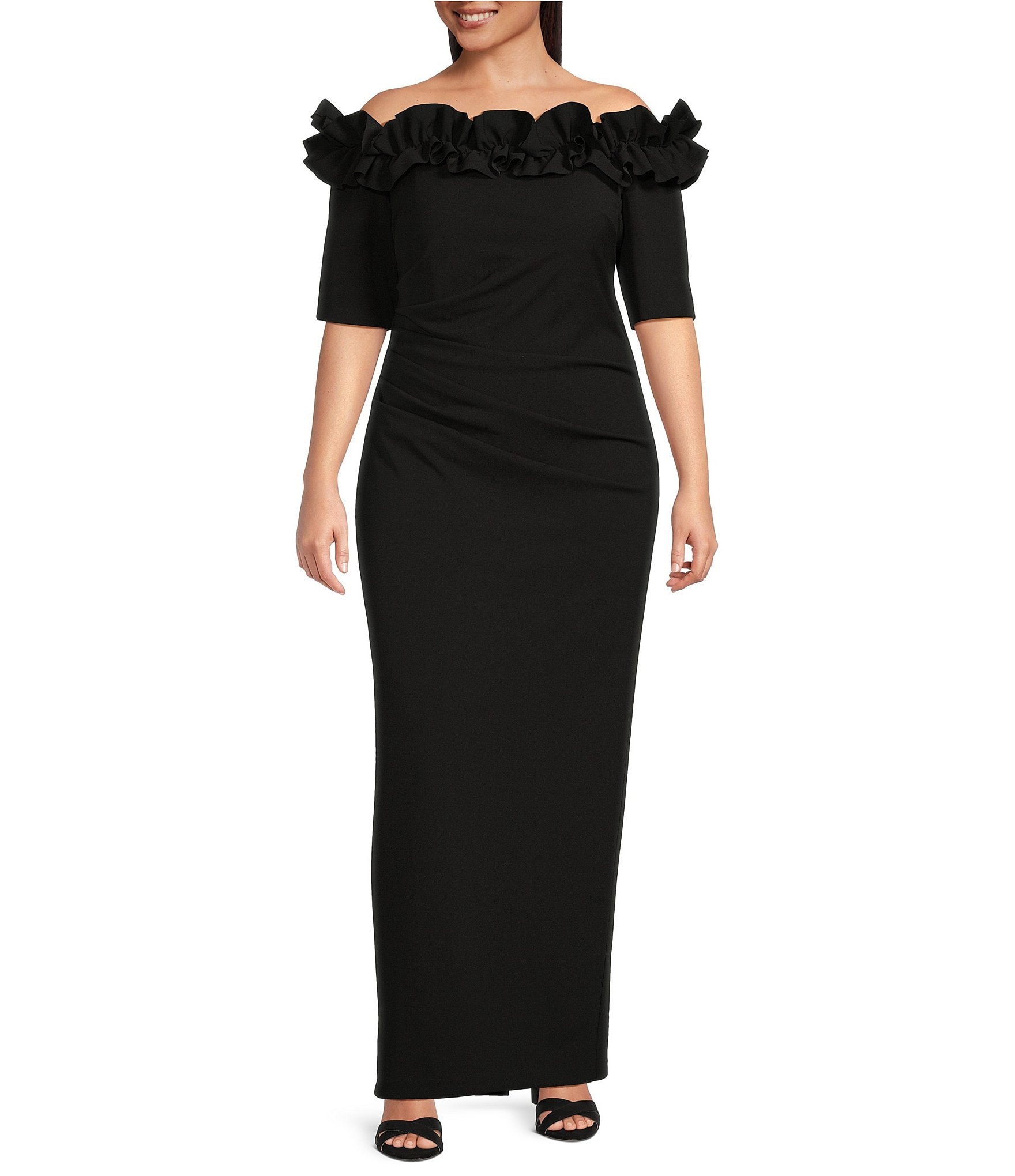 Xscape Plus Size Ruffled Off-the-Shoulder Short Sleeve Crepe Sheath ...