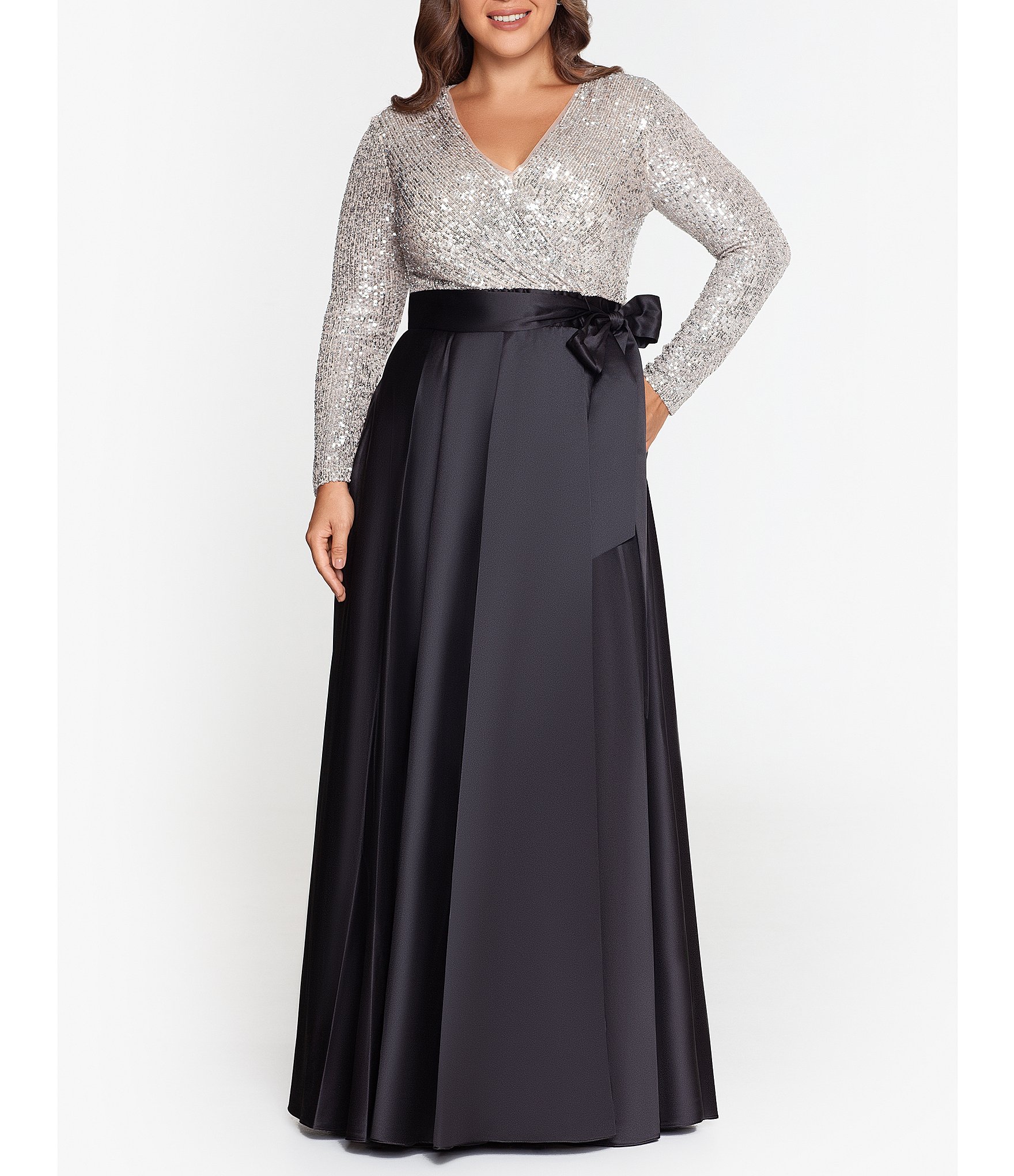 Xscape Plus Size Surplice V-Neck Long Sleeve Sequin Bodice A-Line Gown |  Dillard's