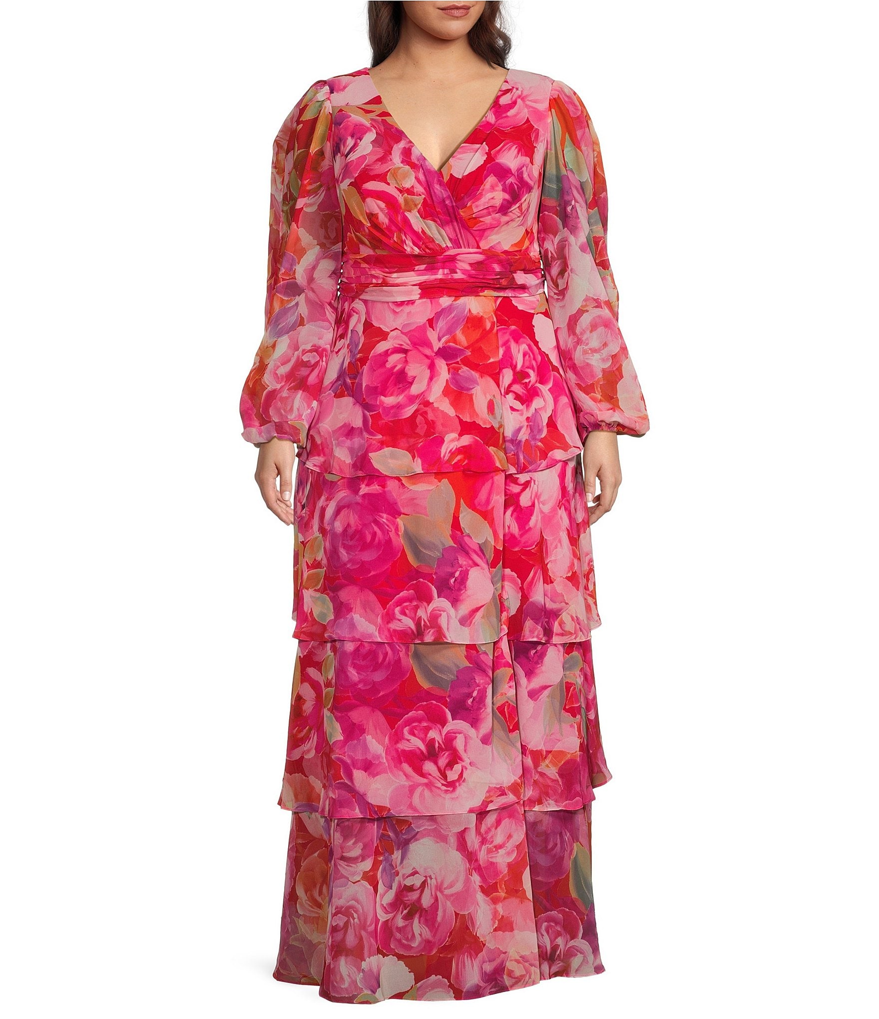 Xscape Plus Size V-Neck Long Sleeve Floral Print Chiffon