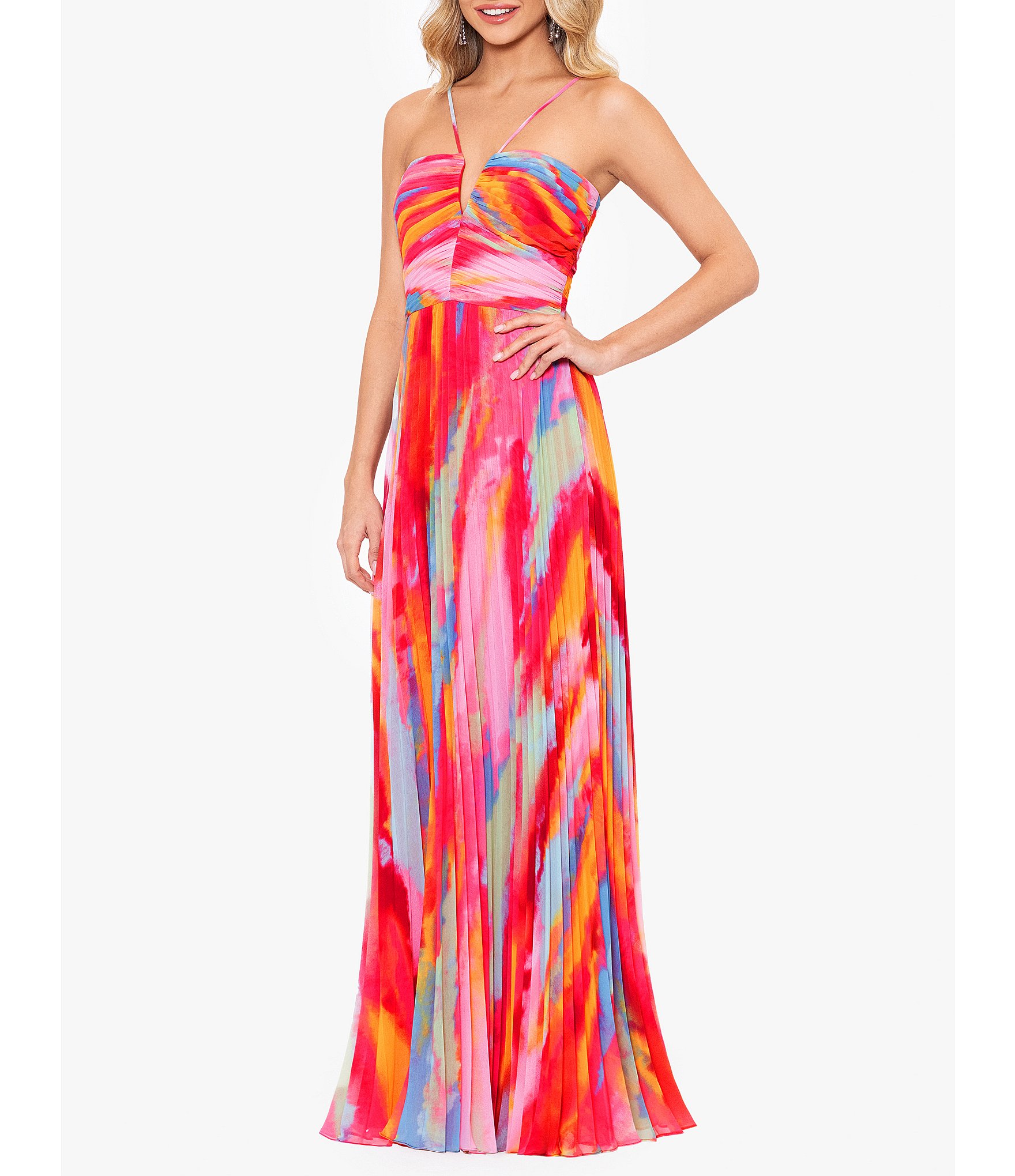 Xscape Abstract Print Pleated Chiffon Halter Neckline Sleeveless Maxi Dress