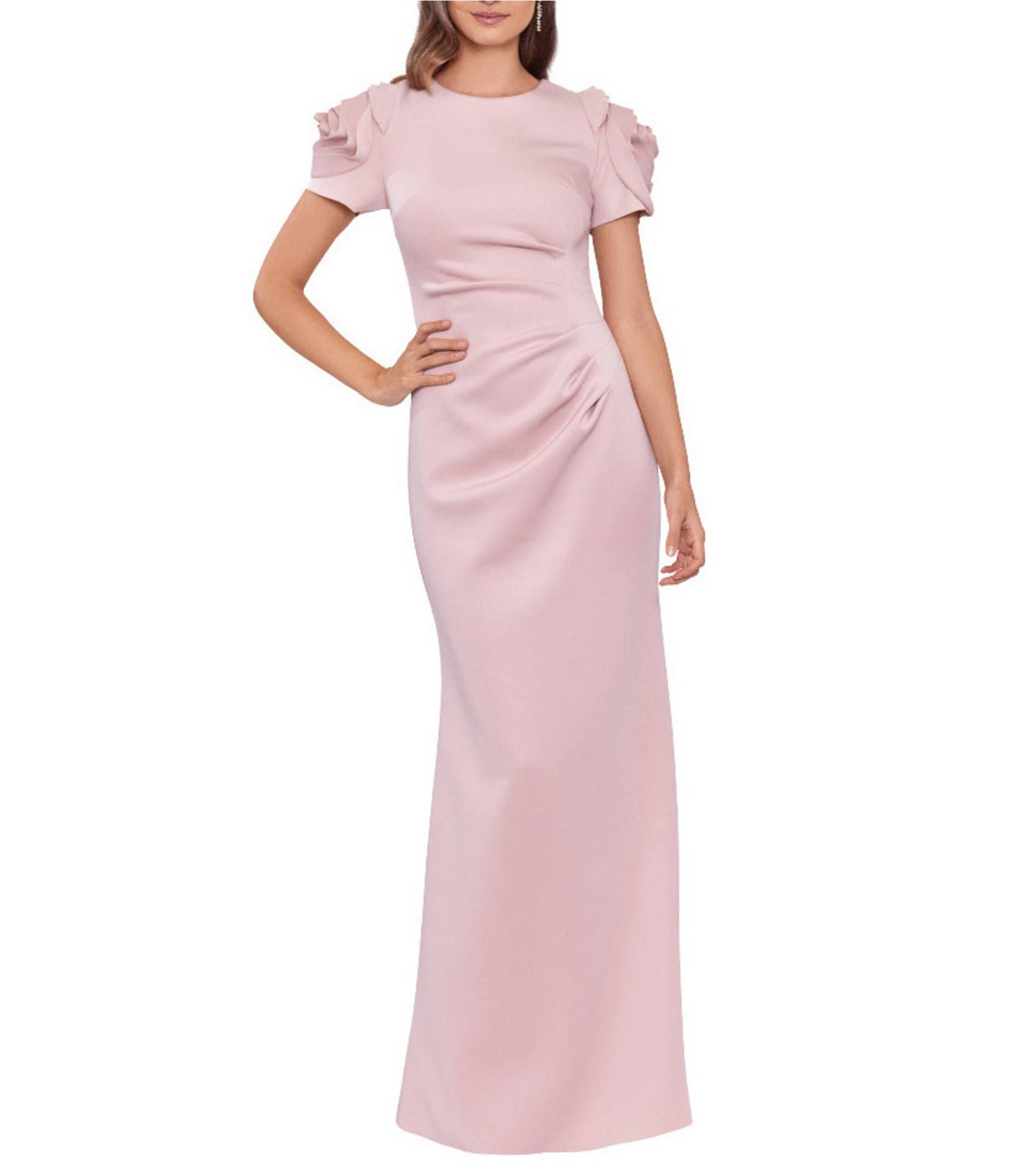 パーティードレス Nikayla Scalloped Edge Caprice Pink Dress Caspian Slinky And Mesh Off Shoulder Maxi Dress - Pale Pink