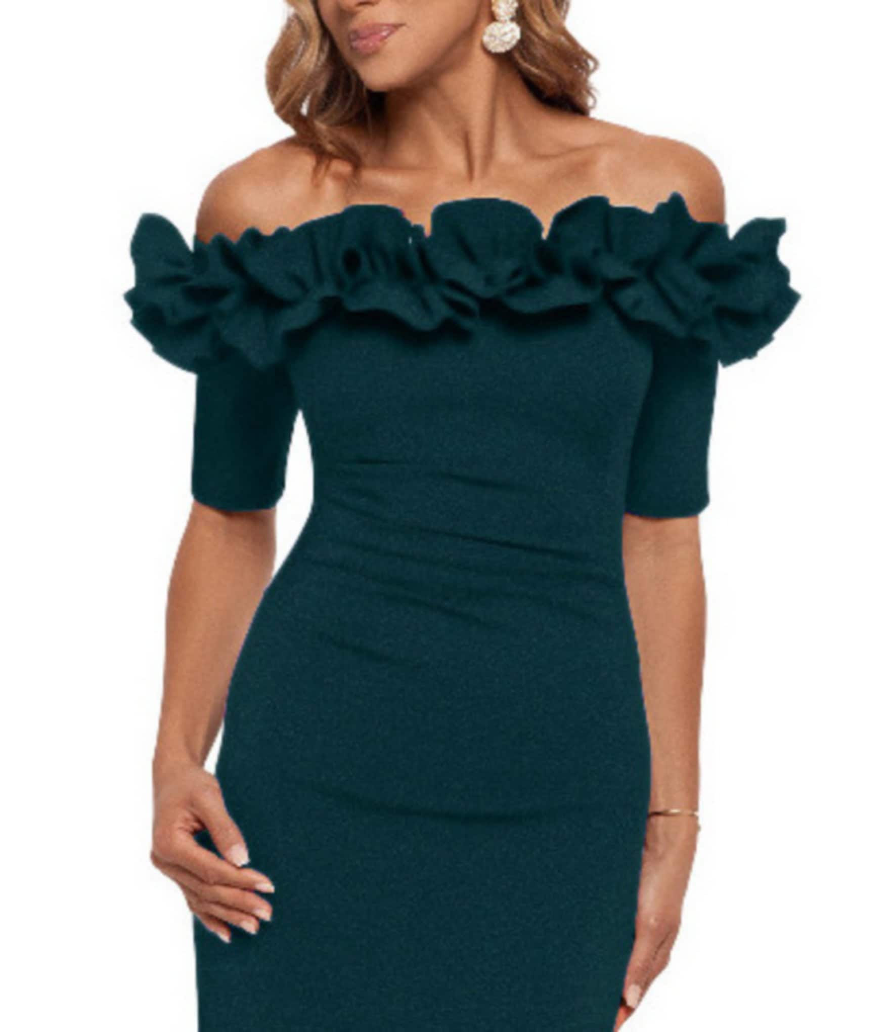 Xscape Ruffled Off-the-Shoulder Short Sleeve Crepe Sheath Gown