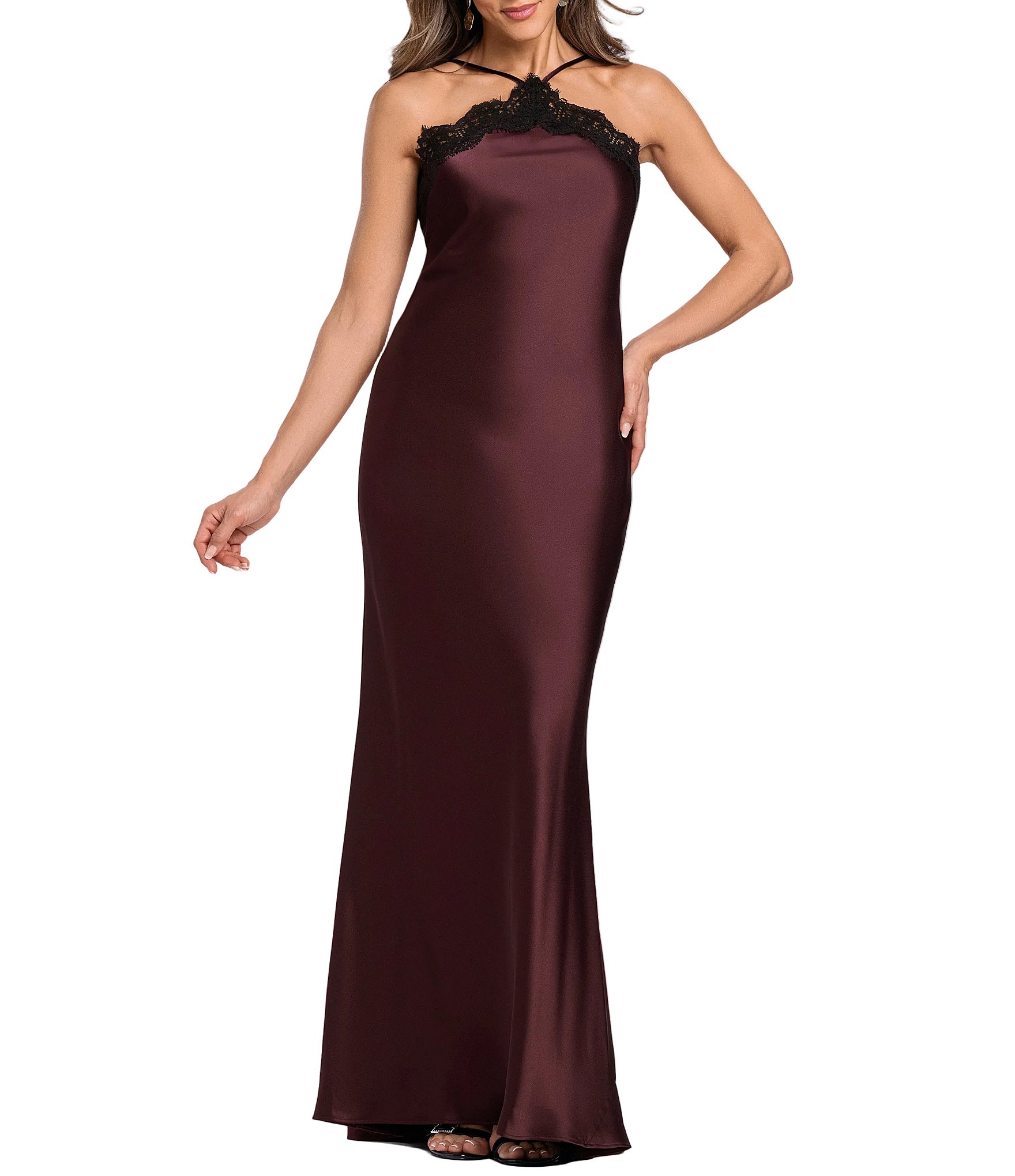 Xscape Satin Lace Combo Halter Strap Sleeveless Long Sheath Dress