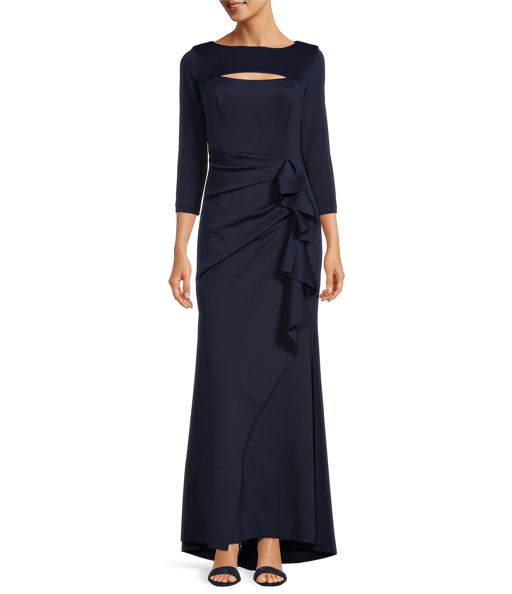 Xscape Scuba Boat Neck 3/4 Sleeve Cut-Out Ruched Side Bow Gown | Dillard's