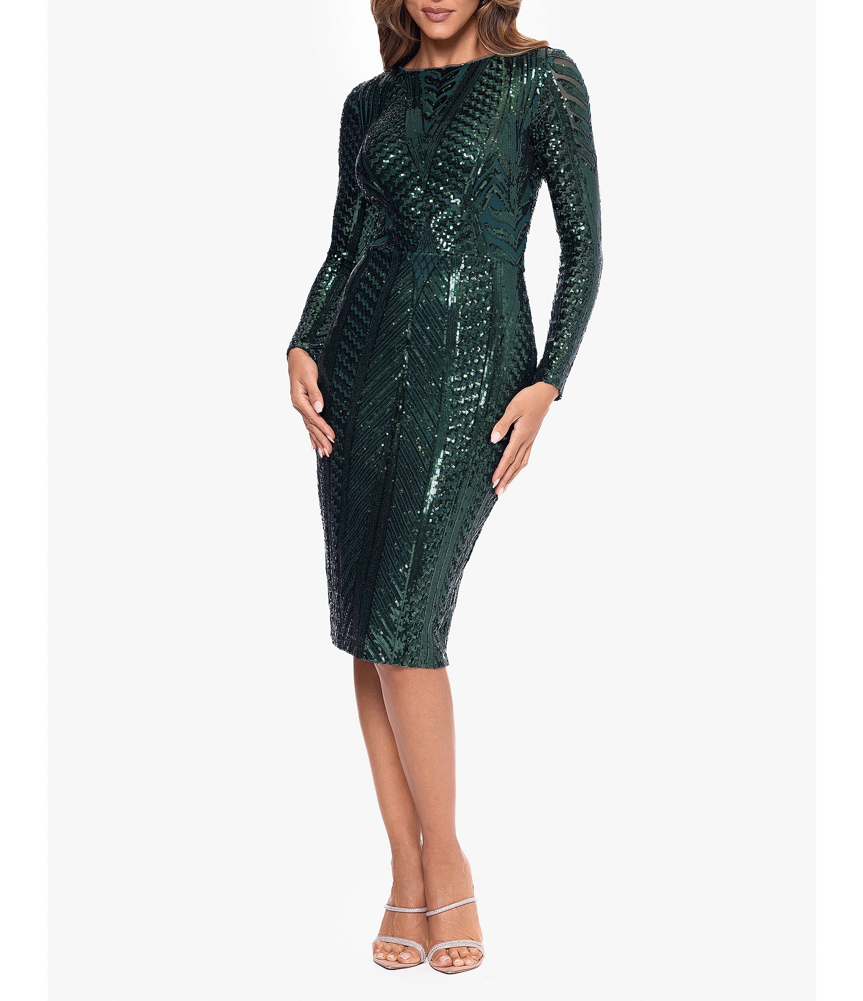 Xscape Sequin Boat Neck Long Sleeve Dress