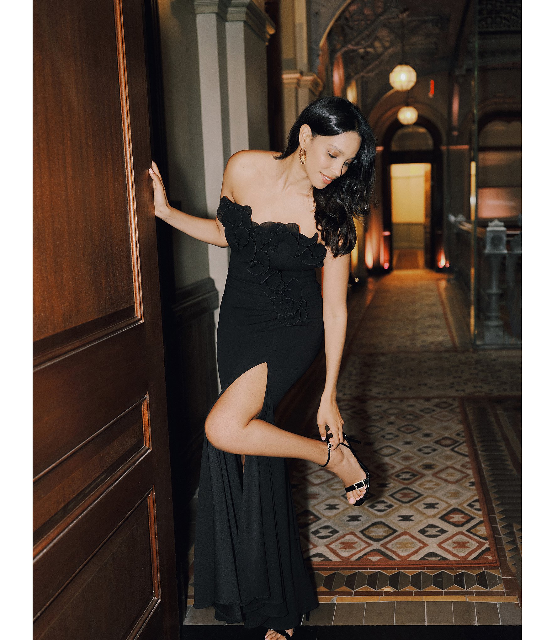 Xscape Strapless Flower Ruffle Sleeveless Gown