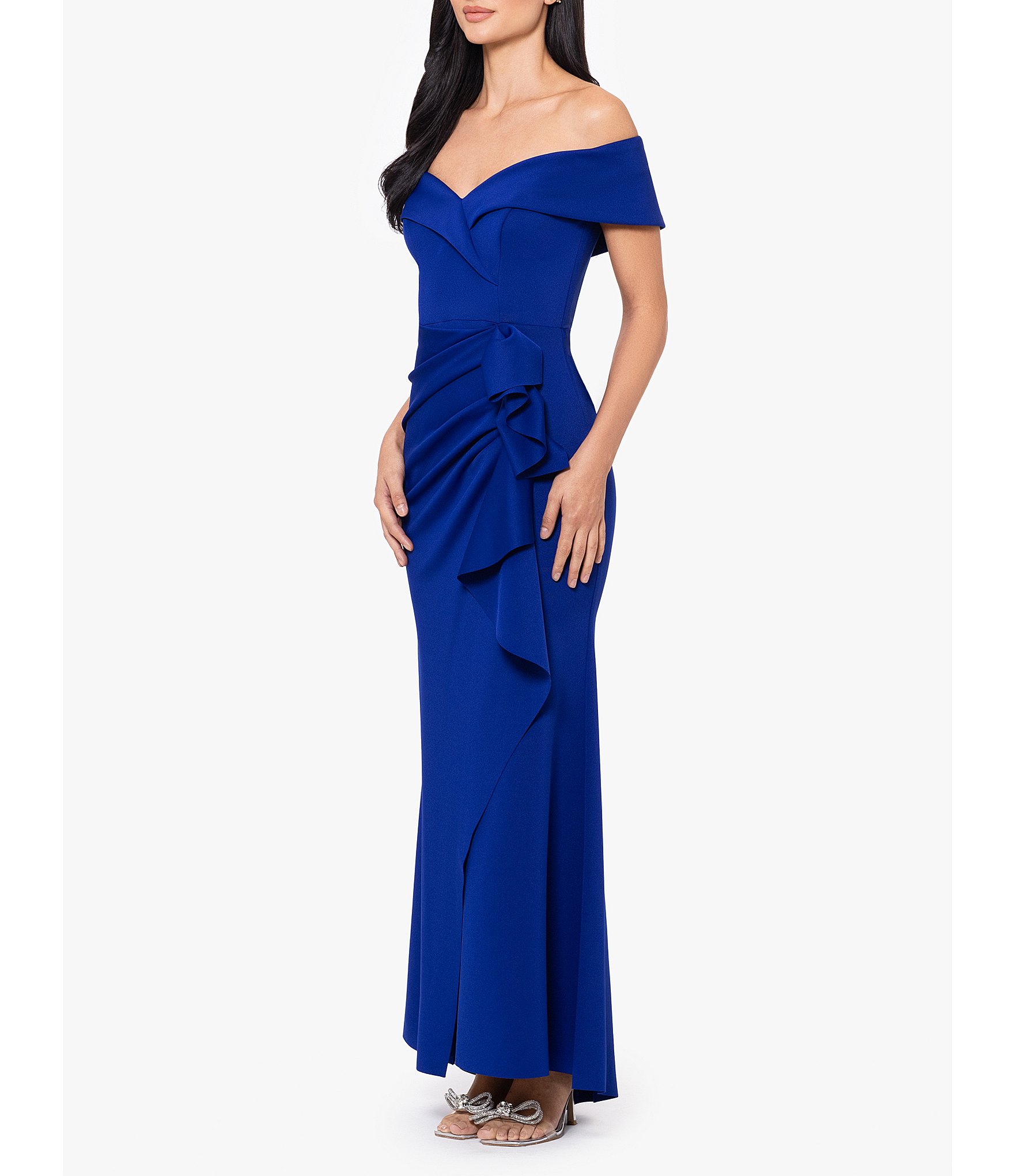 Xscape Stretch Off-the-Shoulder Short Sleeve Mermaid Gown with Ruffle